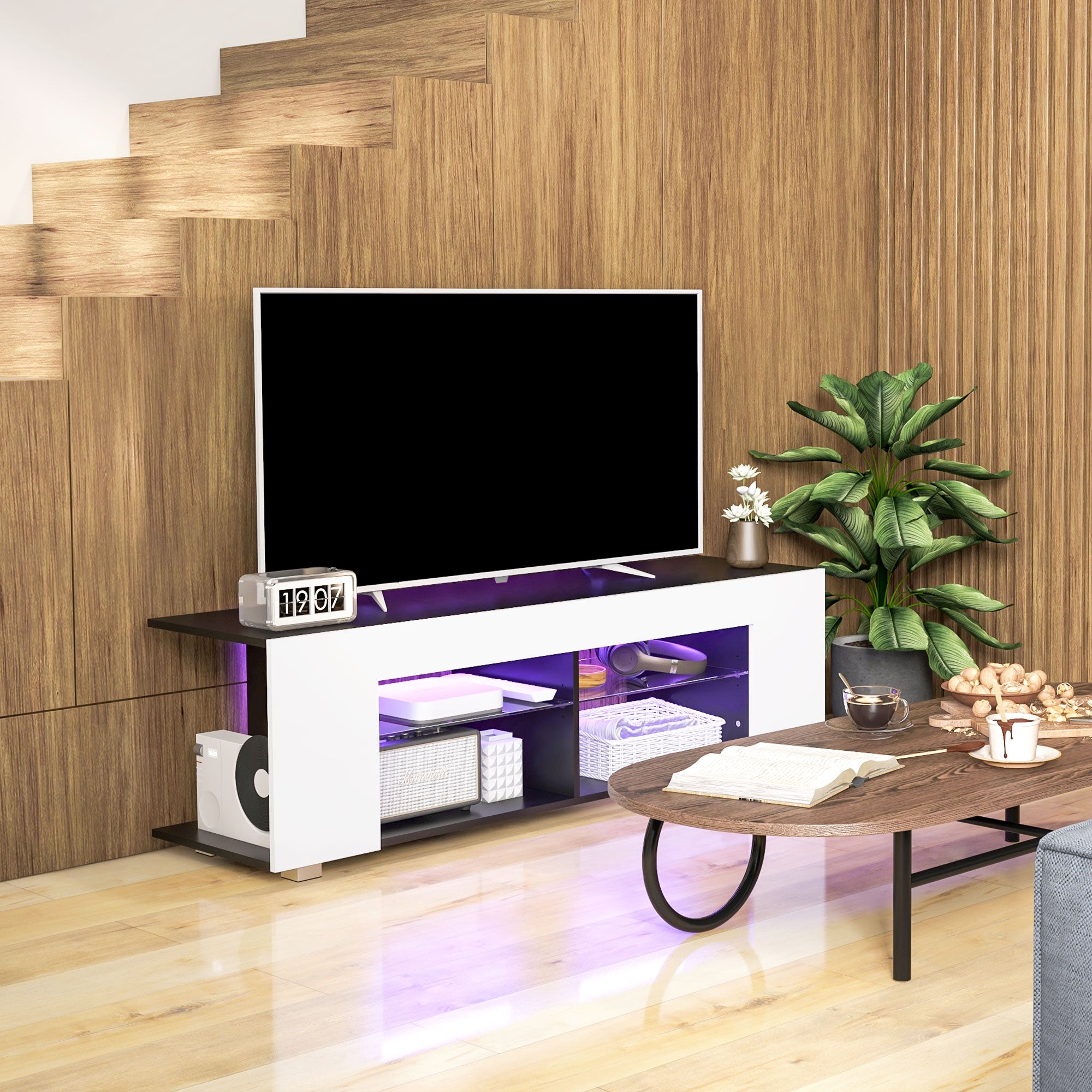 HOMCOM TV Stand Cabinet, 145cm Modern TV Unit with Glass Shelves, RGB LED Light for Living Room, Entertainment Unit for 32 40 43 50 52 55 60 inch 4k TV, White