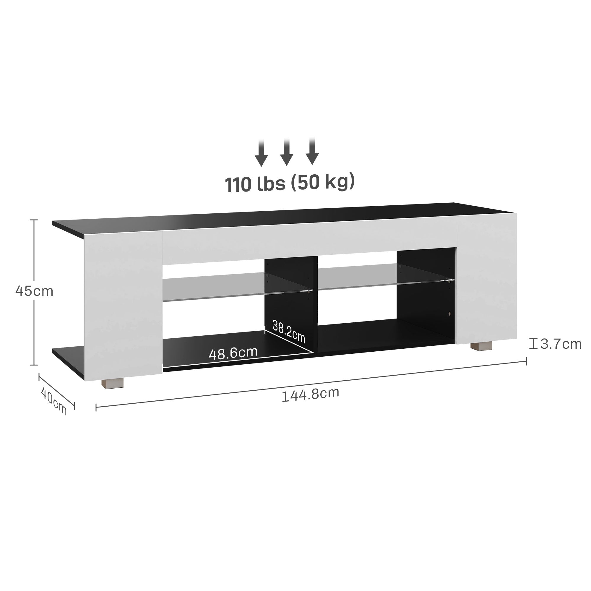 HOMCOM TV Stand Cabinet, 145cm Modern TV Unit with Glass Shelves, RGB LED Light for Living Room, Entertainment Unit for 32 40 43 50 52 55 60 inch 4k TV, White