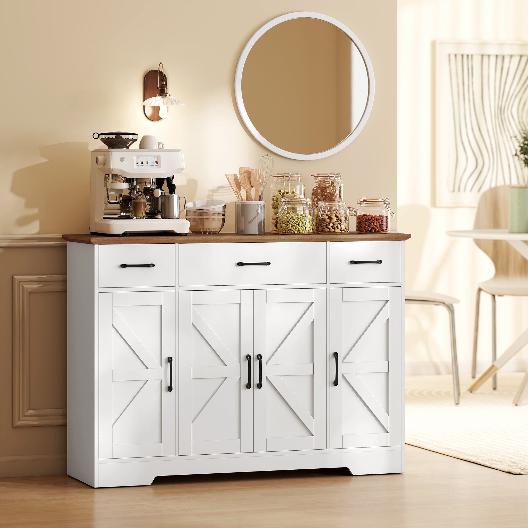 47" Sideboard Buffet Cabinet, Farmhouse Credenza with Soft-Close Hinges, Coffee Bar Cabinet with Spice Racks, 3 Drawers and 3 Adjustable Shelves, White