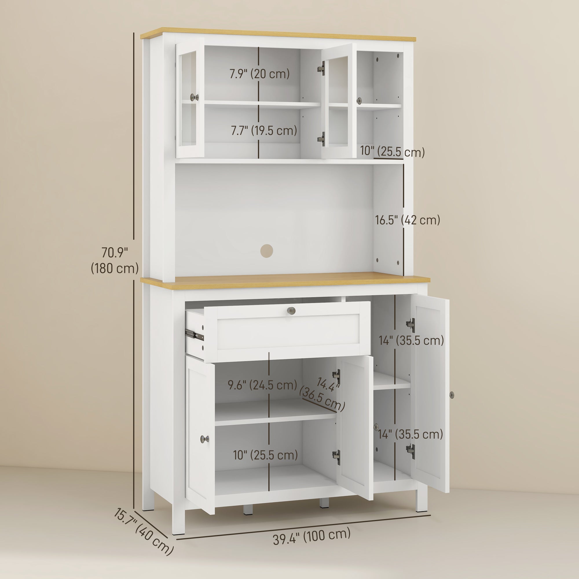 HOMCOM 71" Kitchen Pantry, 5-Door Storage Cabinet, Freestanding Tall Cabinet with Adjustable Shelves, Drawer, Glass Door, Cable Management, White