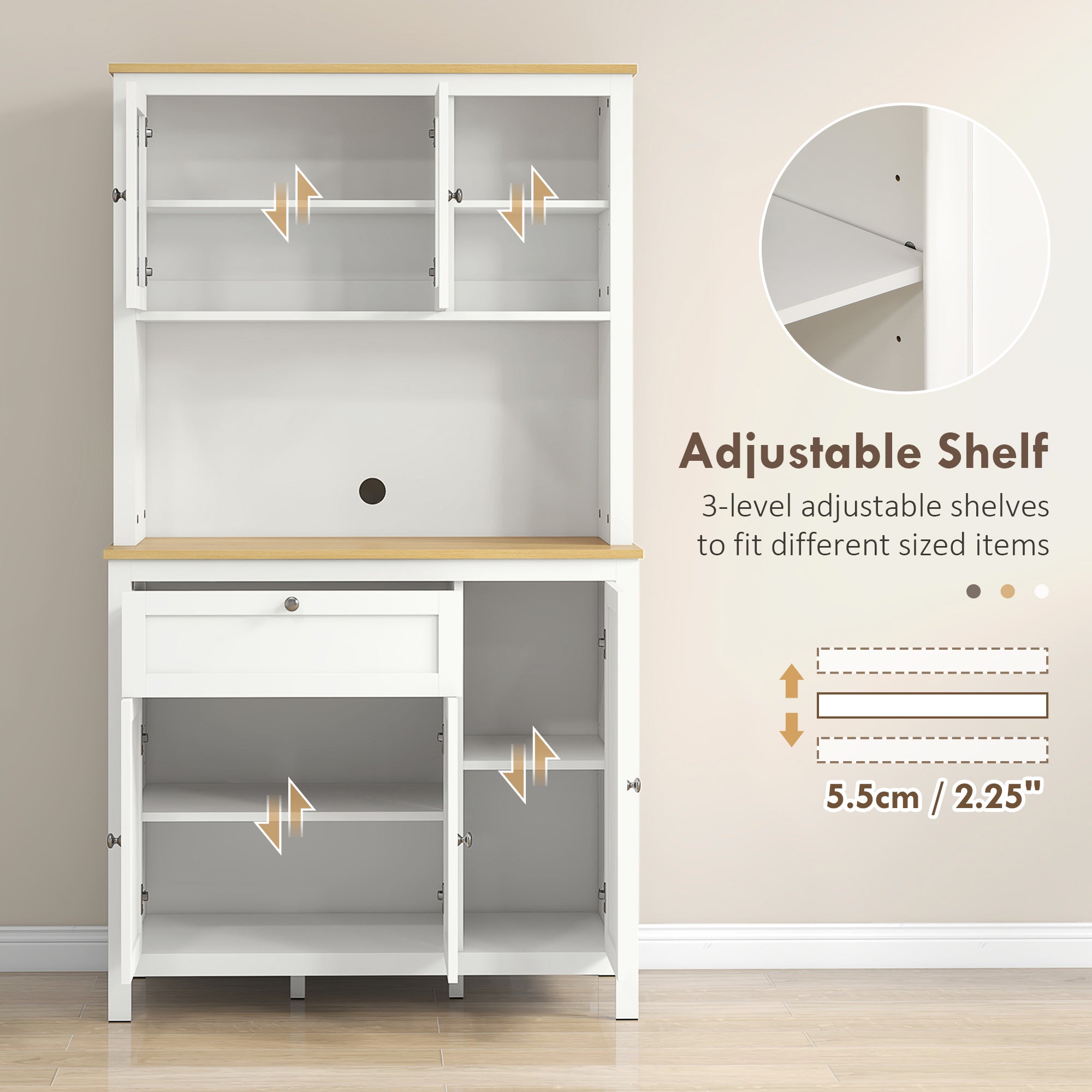 HOMCOM 71" Kitchen Pantry, 5-Door Storage Cabinet, Freestanding Tall Cabinet with Adjustable Shelves, Drawer, Glass Door, Cable Management, White