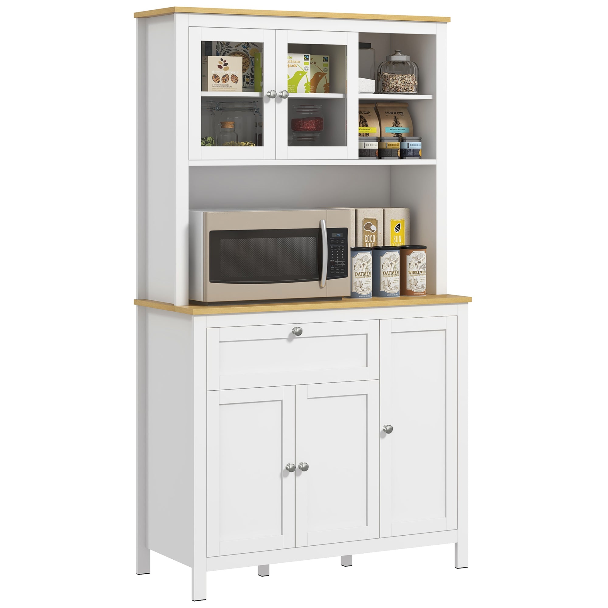 HOMCOM 71" Kitchen Pantry, 5-Door Storage Cabinet, Freestanding Tall Cabinet with Adjustable Shelves, Drawer, Glass Door, Cable Management, White