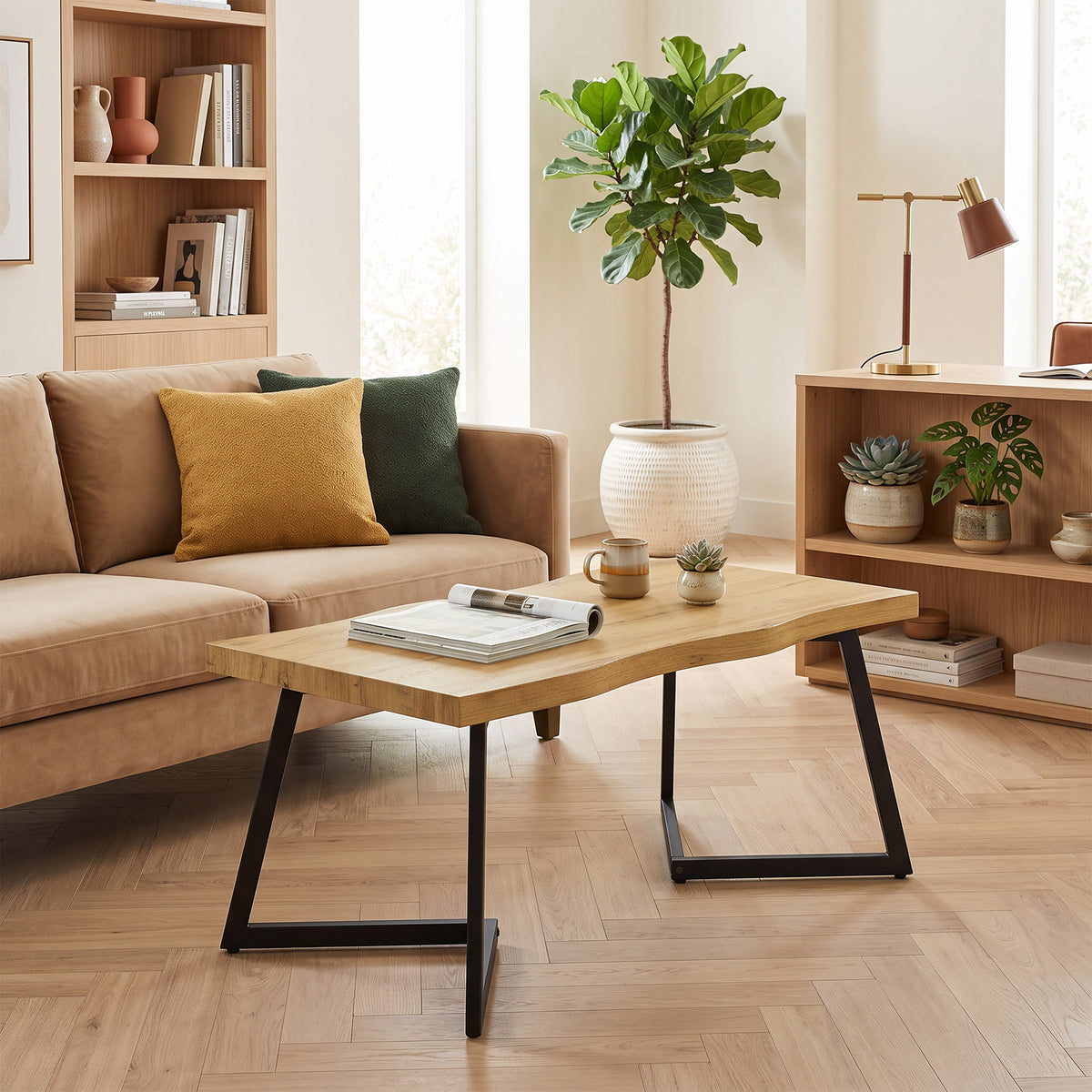 Modern Coffee Table, Living Room Table with Curved Thick Top and Metal Legs for Living Room, Bedroom, Office, 39.4" x 19.7" x 17.7", Oak
