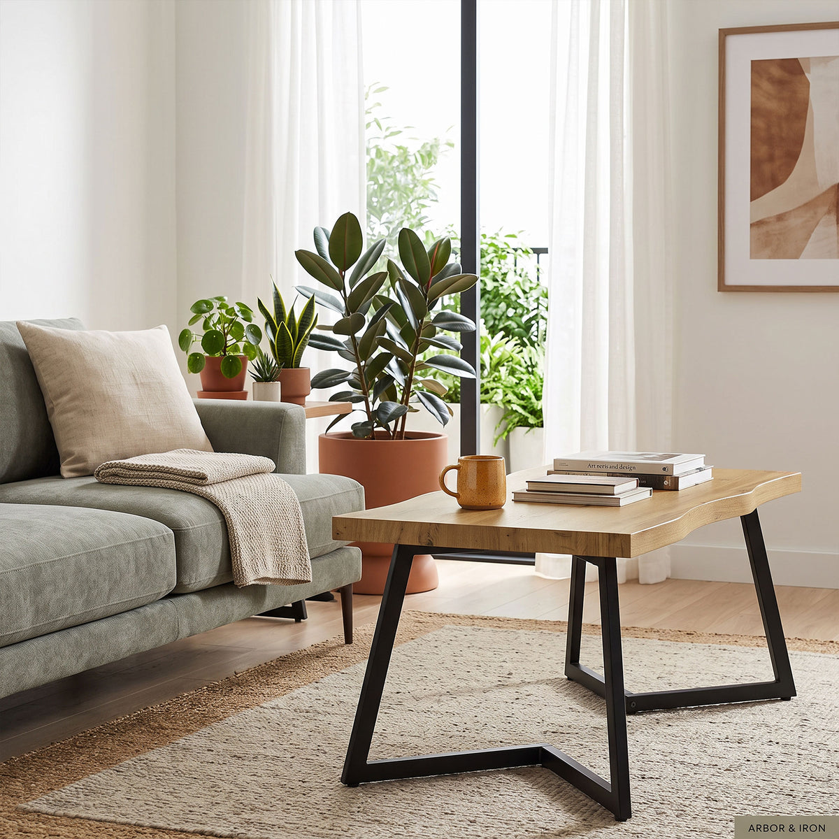 Modern Coffee Table, Living Room Table with Curved Thick Top and Metal Legs for Living Room, Bedroom, Office, 39.4" x 19.7" x 17.7", Oak