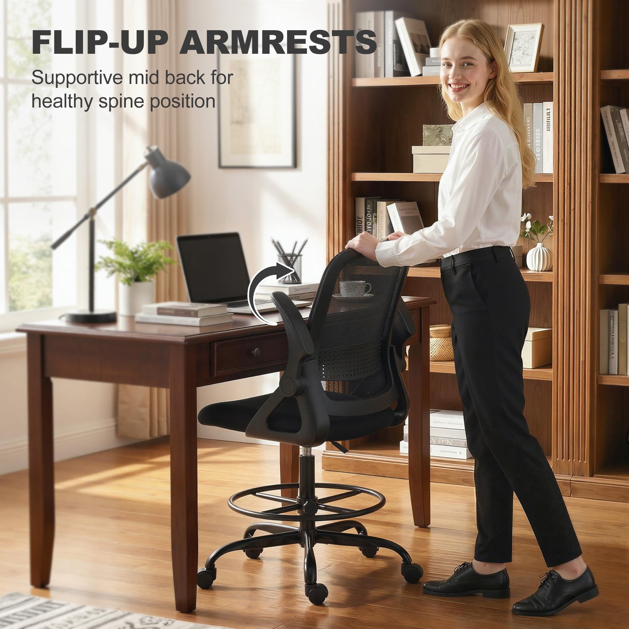 Drafting Chair, Mesh Standing Desk Chair with Flip-up Armrests, Adjustable Height and Footrest, Lumbar Support, Rolling Wheels for Home Office, Black