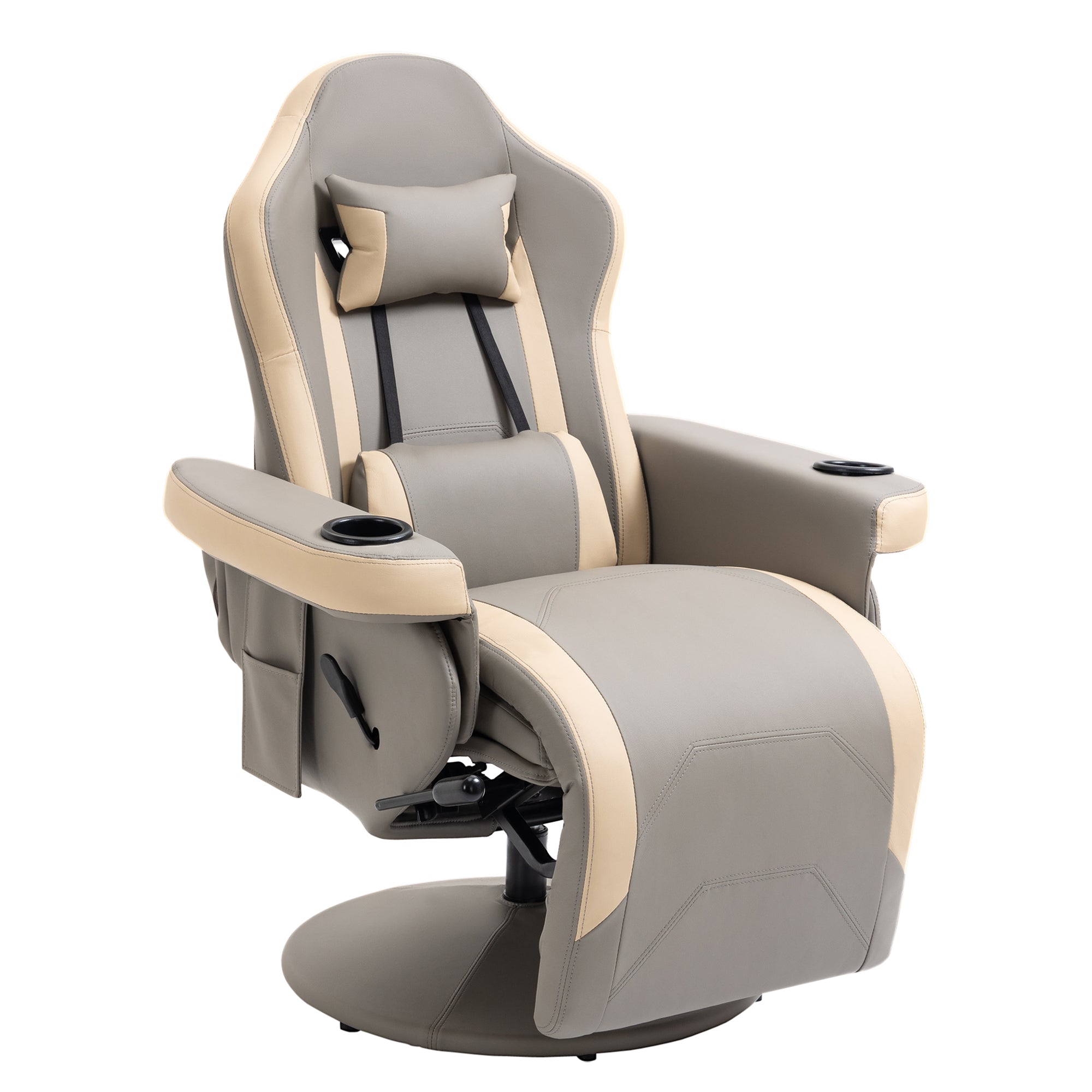 HOMCOM Manual Reclining Gaming Chair, 360° Swivel Racing Video Gaming Recliner with Footrest, Headrest and Cup Holder, PU Leather Armchair with Storage Pocket, Grey