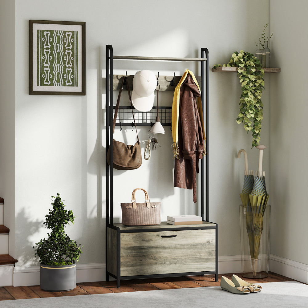 HOMCOM Coat Rack with Shoe Storage Bench and Grid Panel, Hall Tree, 5 ...