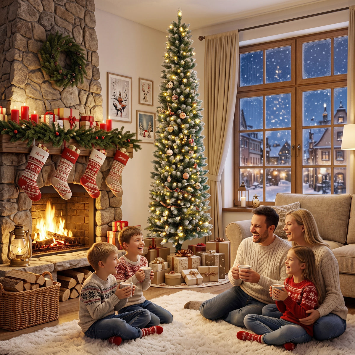 6ft Pencil Prelit Christmas Tree, Dual Color, Flocked, Remote, Artificial Slim Xmas Tree with 11 Modes, 351 Branch Tips, 170 LEDs, Green White