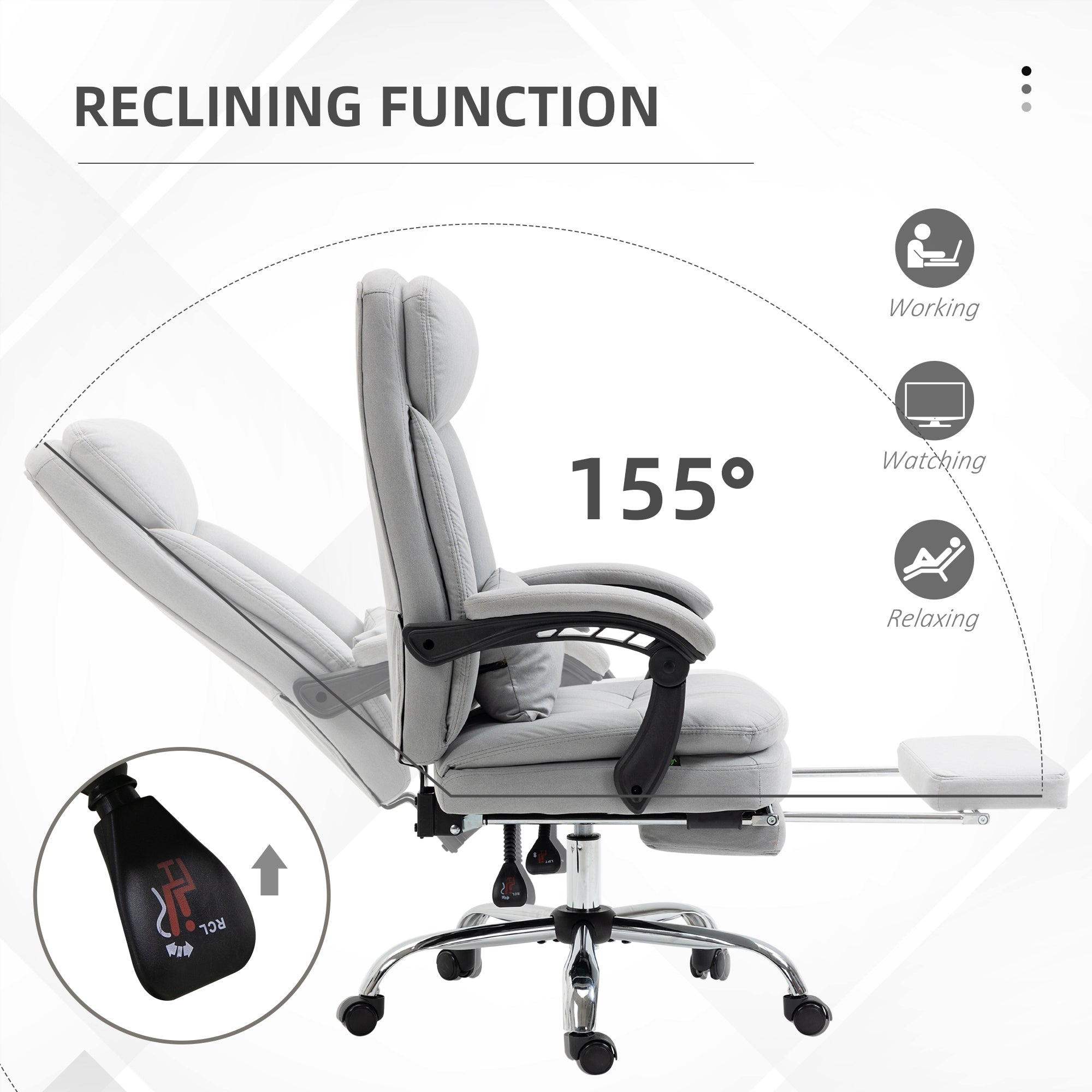 Vinsetto High Back Office Chair, Microfibre Computer Desk Chair with Lumbar Support Pillow, Foot Rest, Reclining Back, Arm, Grey