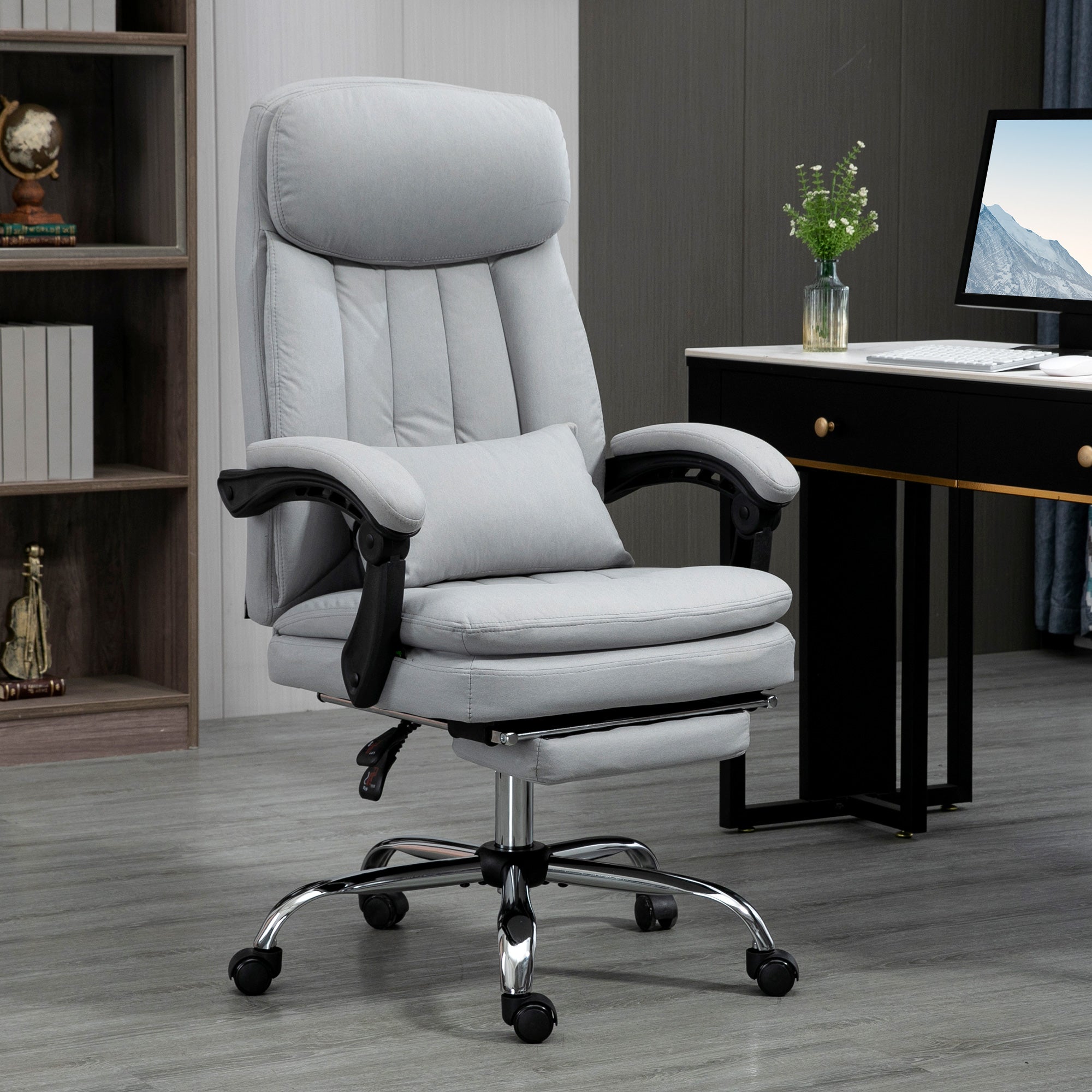 Vinsetto High Back Office Chair, Microfibre Computer Desk Chair with Lumbar Support Pillow, Foot Rest, Reclining Back, Arm, Grey