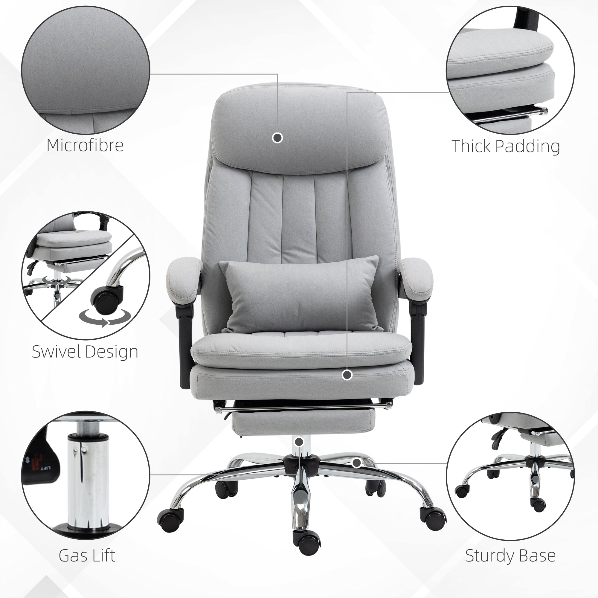 Vinsetto High Back Office Chair, Microfibre Computer Desk Chair with Lumbar Support Pillow, Foot Rest, Reclining Back, Arm, Grey