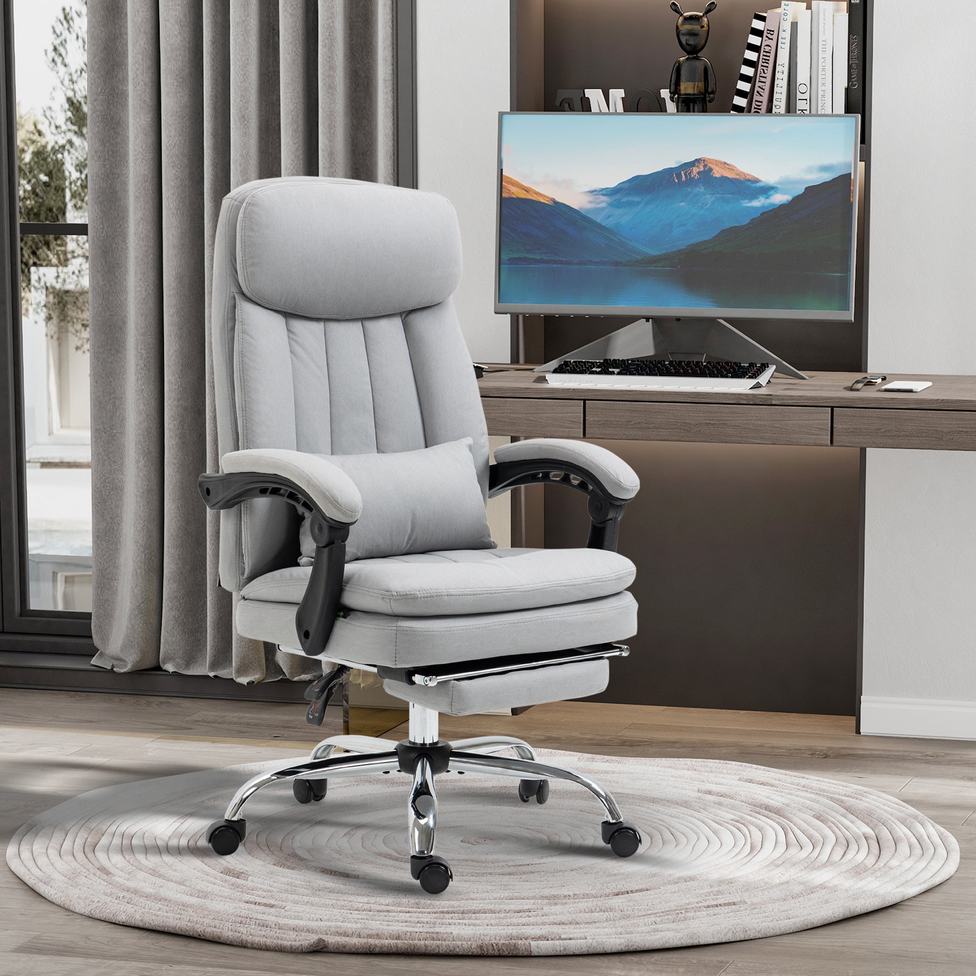 Vinsetto High Back Office Chair, Microfibre Computer Desk Chair with Lumbar Support Pillow, Foot Rest, Reclining Back, Arm, Grey