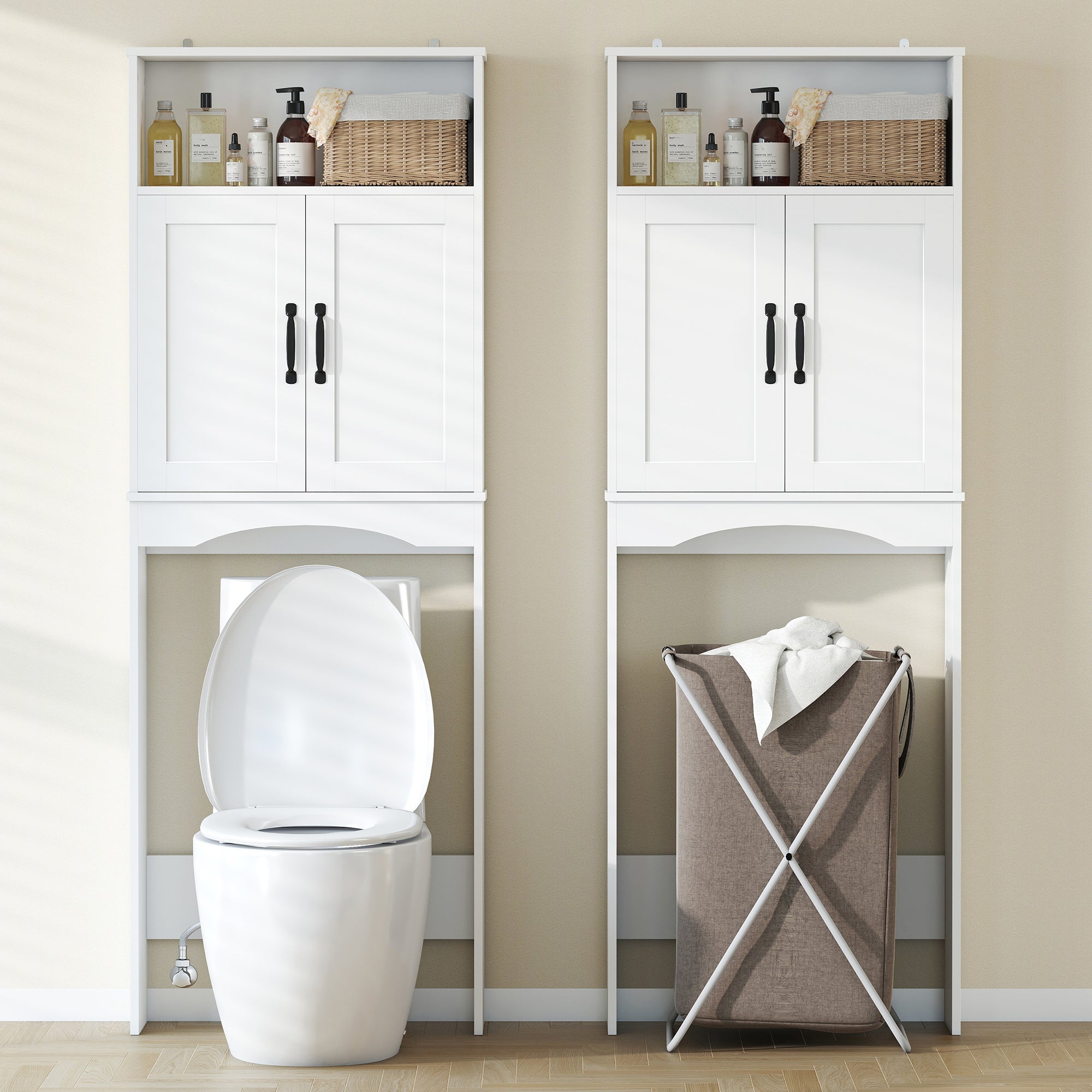 Over the Toilet Storage Cabinet, Over Toilet Bathroom Organizer with 2 Doors and Open Shelf, Freestanding Above Restroom Space Saver for Bathroom, Laundry, Restroom, White