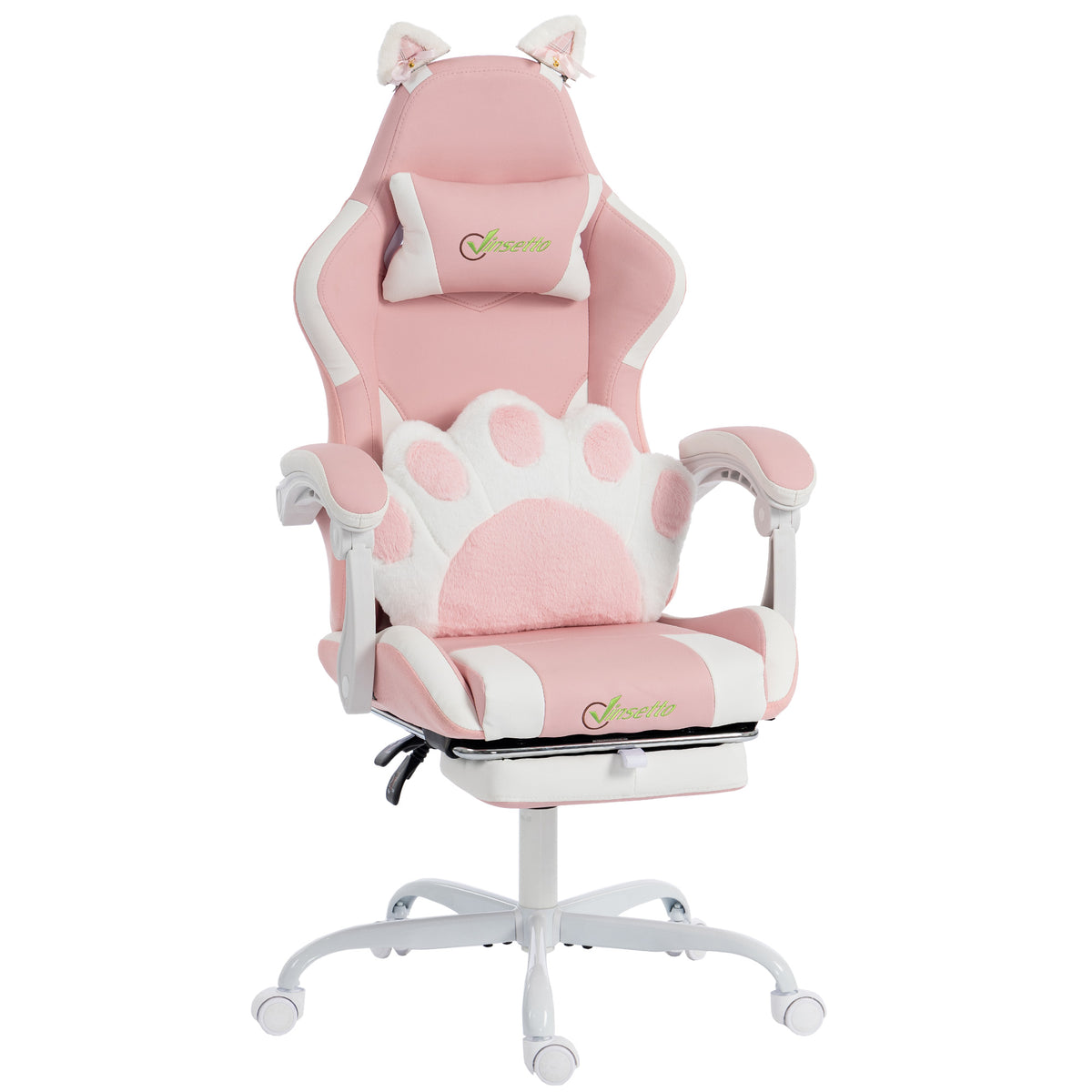 Cute Gaming Chair with Cat Ears, Ergonomic Gamer Computer Chair with Lumbar Support, Footrest, Headrest, High Back, Reclining, Swivel, Faux Leather for Office, Women, Pink