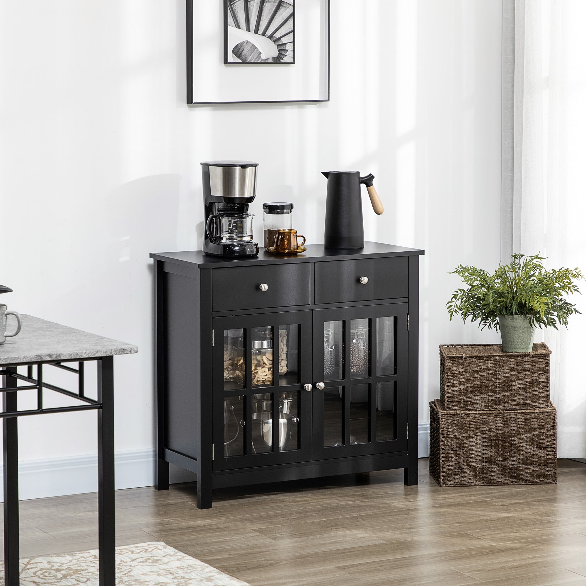 HOMCOM Sideboard Buffet Cabinet, Accent Kitchen Cabinet with Glass Doors, Shelf and 2 Drawers, Black