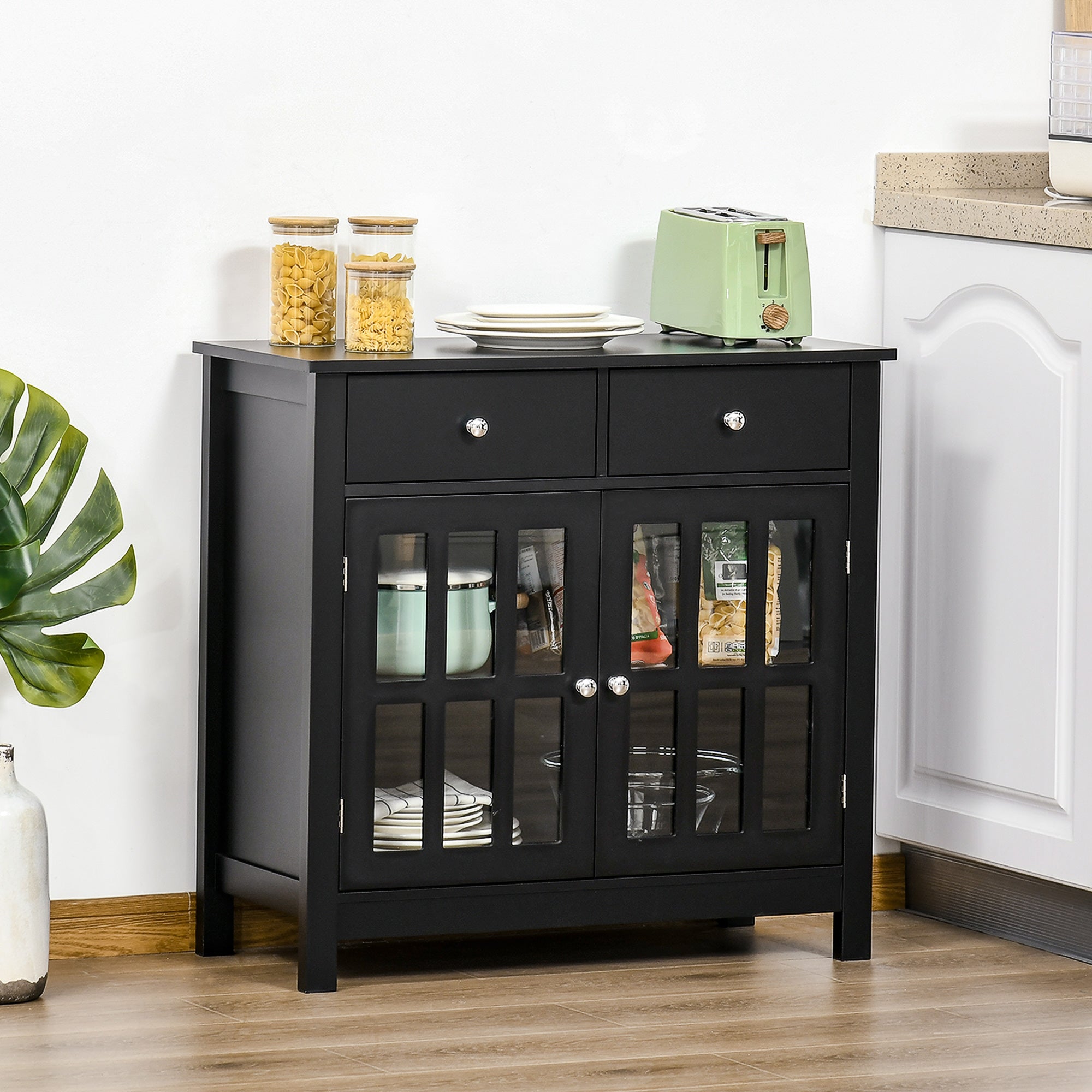 HOMCOM Sideboard Buffet Cabinet, Accent Kitchen Cabinet with Glass Doors, Shelf and 2 Drawers, Black