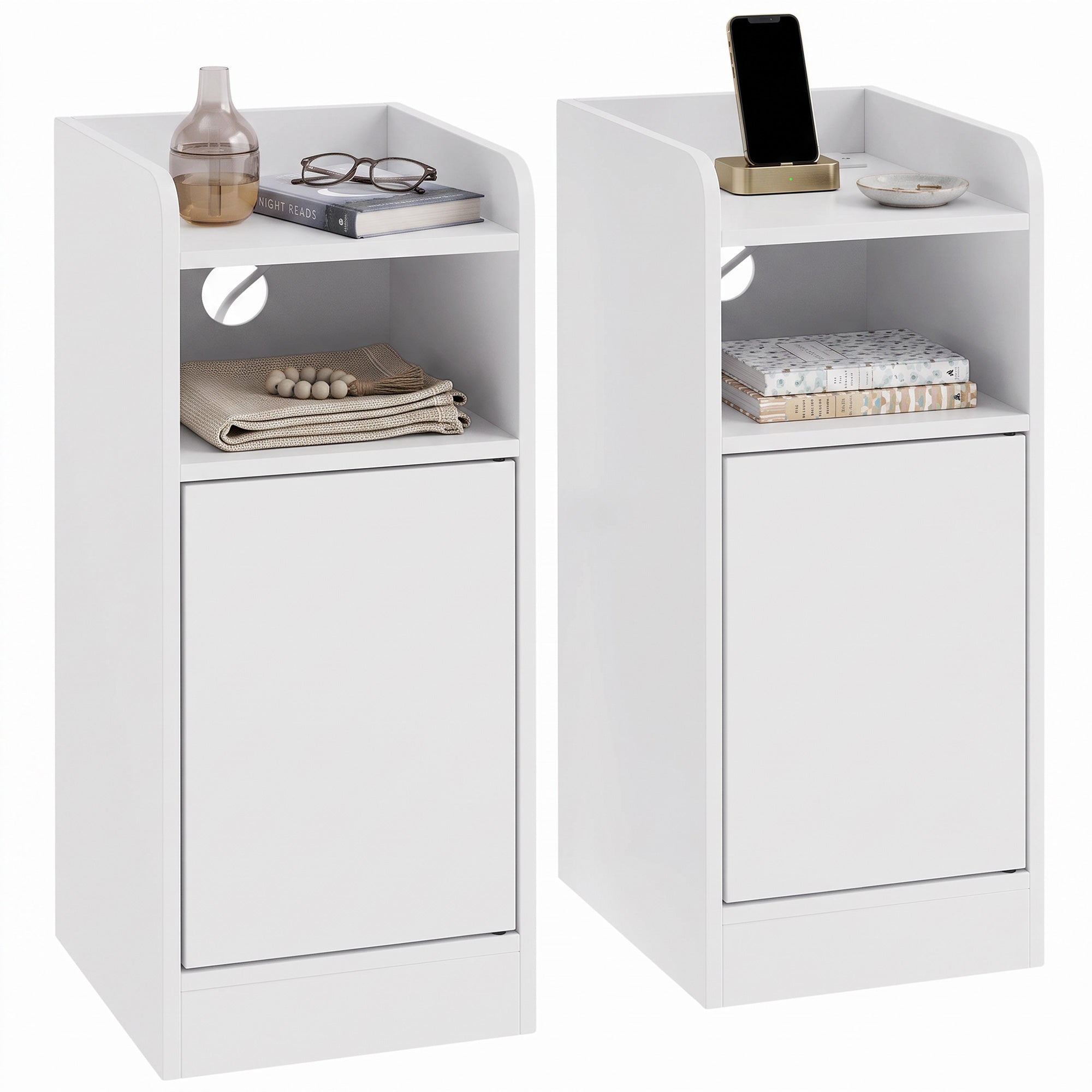 Slim Bedside Table Set of 2 with Charging Station, Narrow Bedside Cabinet with Open Compartment, Adjustable Shelf and Cupboard, Side End Table for Bedroom Living Room Compact Nooks, White
