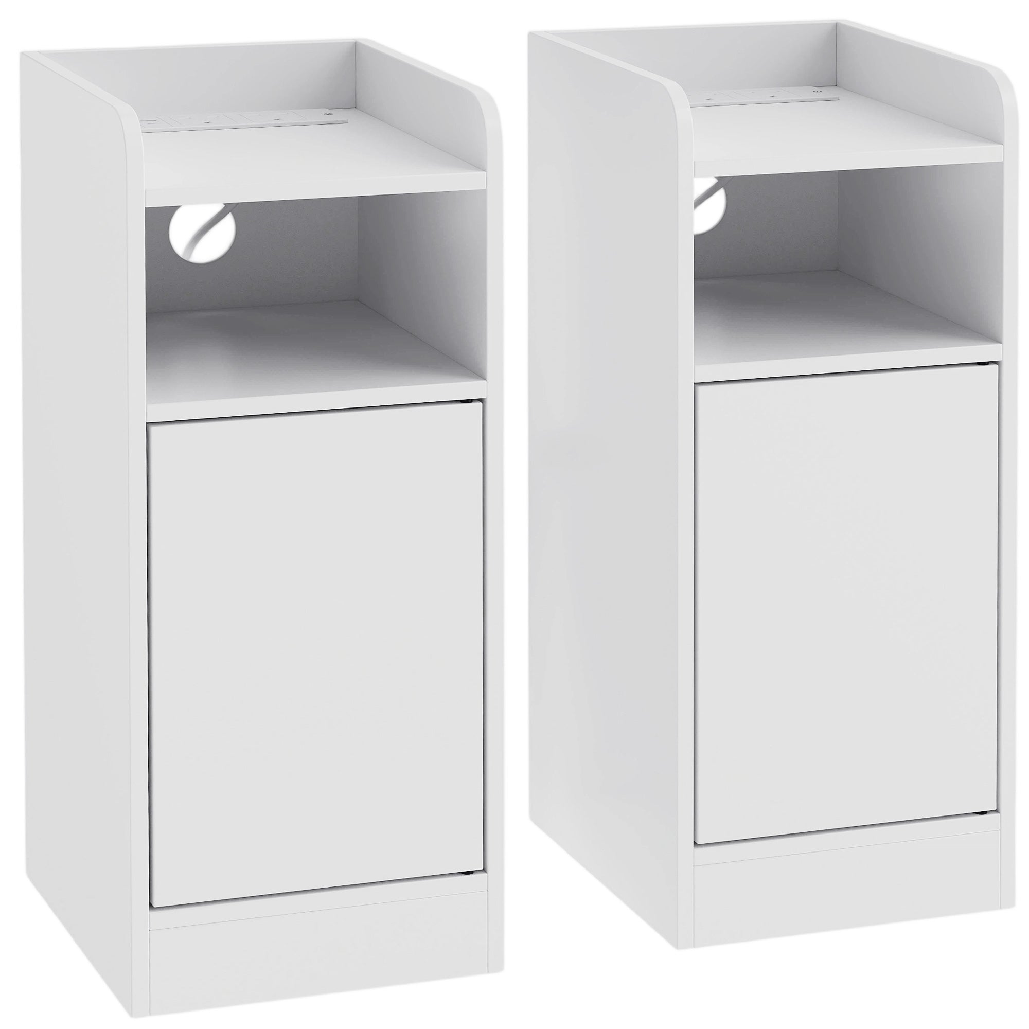 Slim Bedside Table Set of 2 with Charging Station, Narrow Bedside Cabinet with Open Compartment, Adjustable Shelf and Cupboard, Side End Table for Bedroom Living Room Compact Nooks, White
