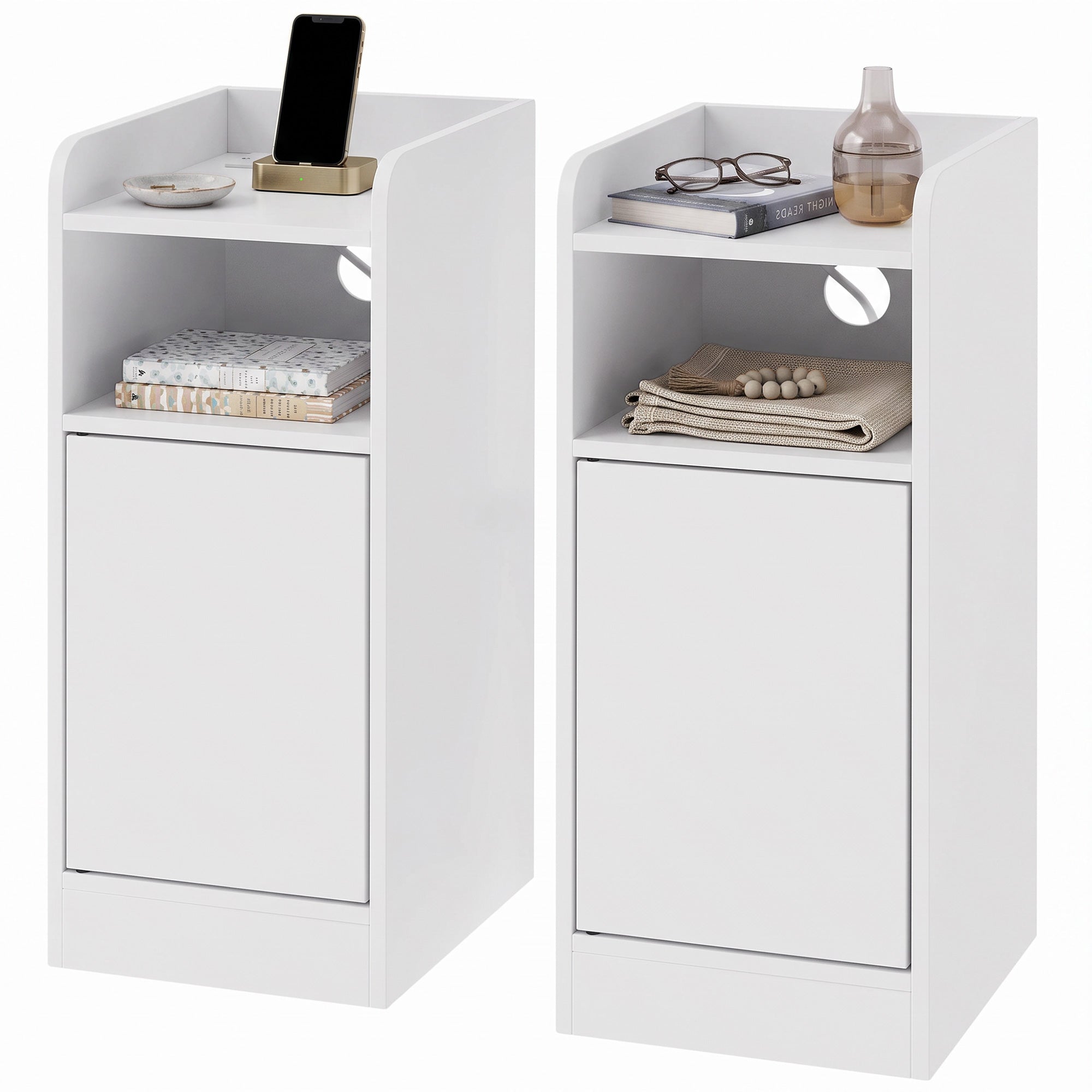 Slim Bedside Table Set of 2 with Charging Station, Narrow Bedside Cabinet with Open Compartment, Adjustable Shelf and Cupboard, Side End Table for Bedroom Living Room Compact Nooks, White