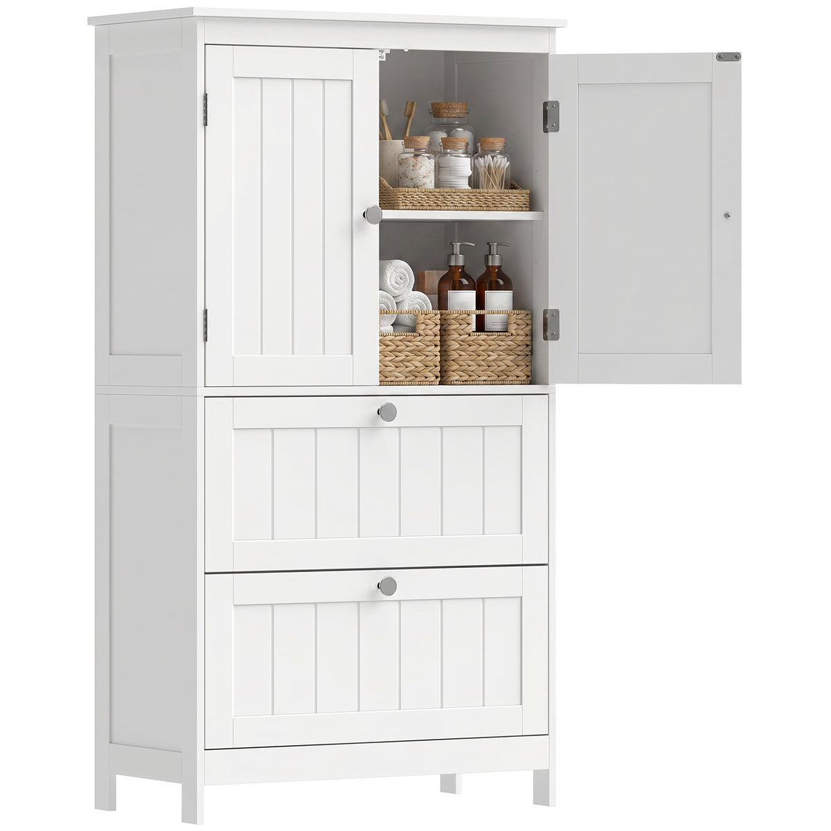 Bathroom Storage Cabinet, Freestanding Bathroom Cabinet with 2 Drawers, Adjustable Shelf, Beadboard Doors for Living Room, Entryway, Kitchen, White