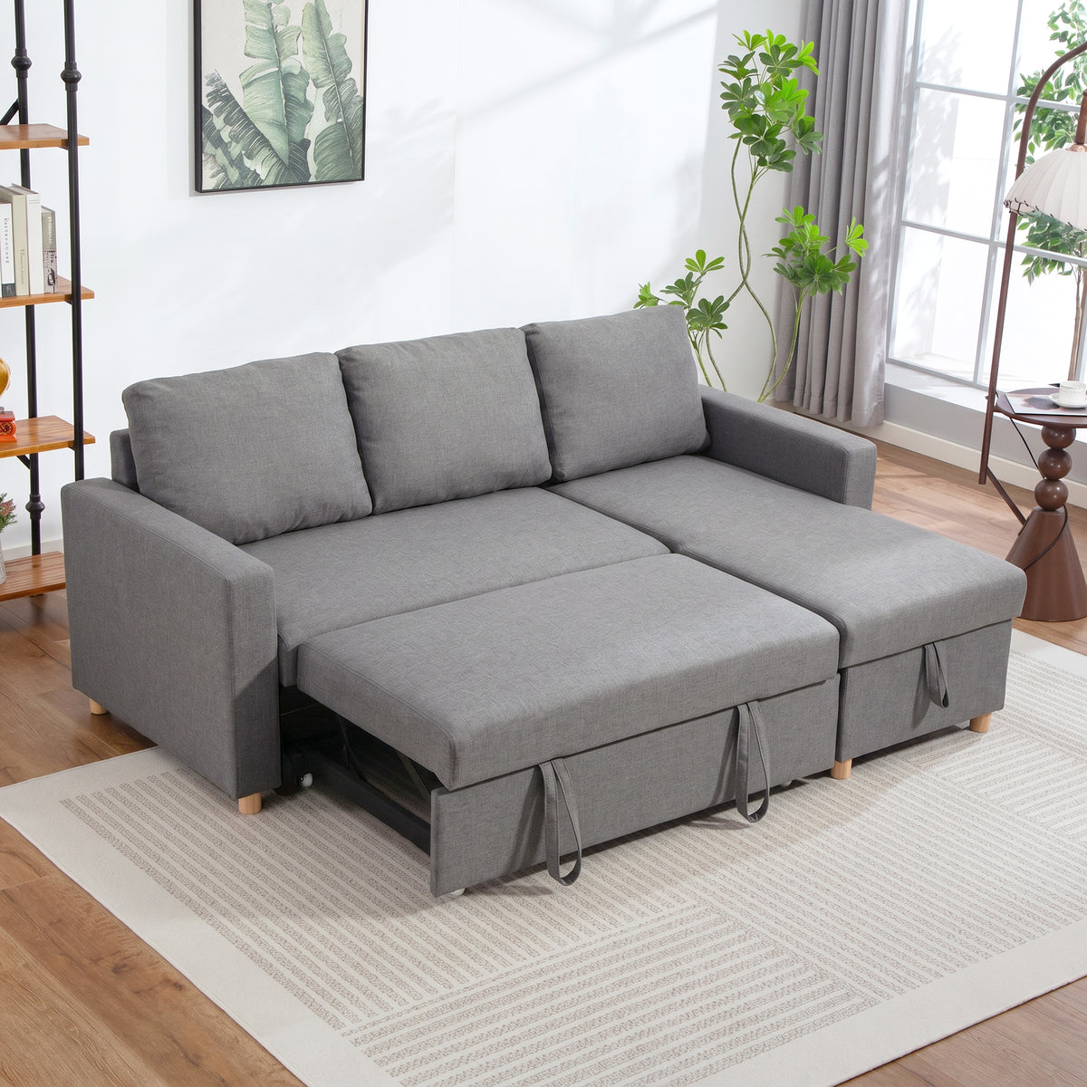 83" Sofa Bed, Convertible Pull Out Sleeper Sofa, Linen L Shaped Sectional Couch with Reversible Storage Chaise, Wide and Deep Seat for Living Room, Apartment, Light Grey