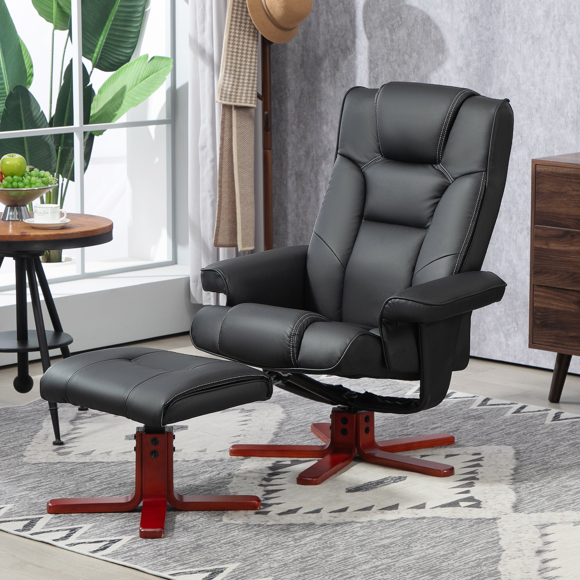 HOMCOM Recliner Chair with Footstool, PU Leather Upholstered Armchair with Adjustable Backrest, Leisure Lounge Chair for Living Room, Bedroom, Black