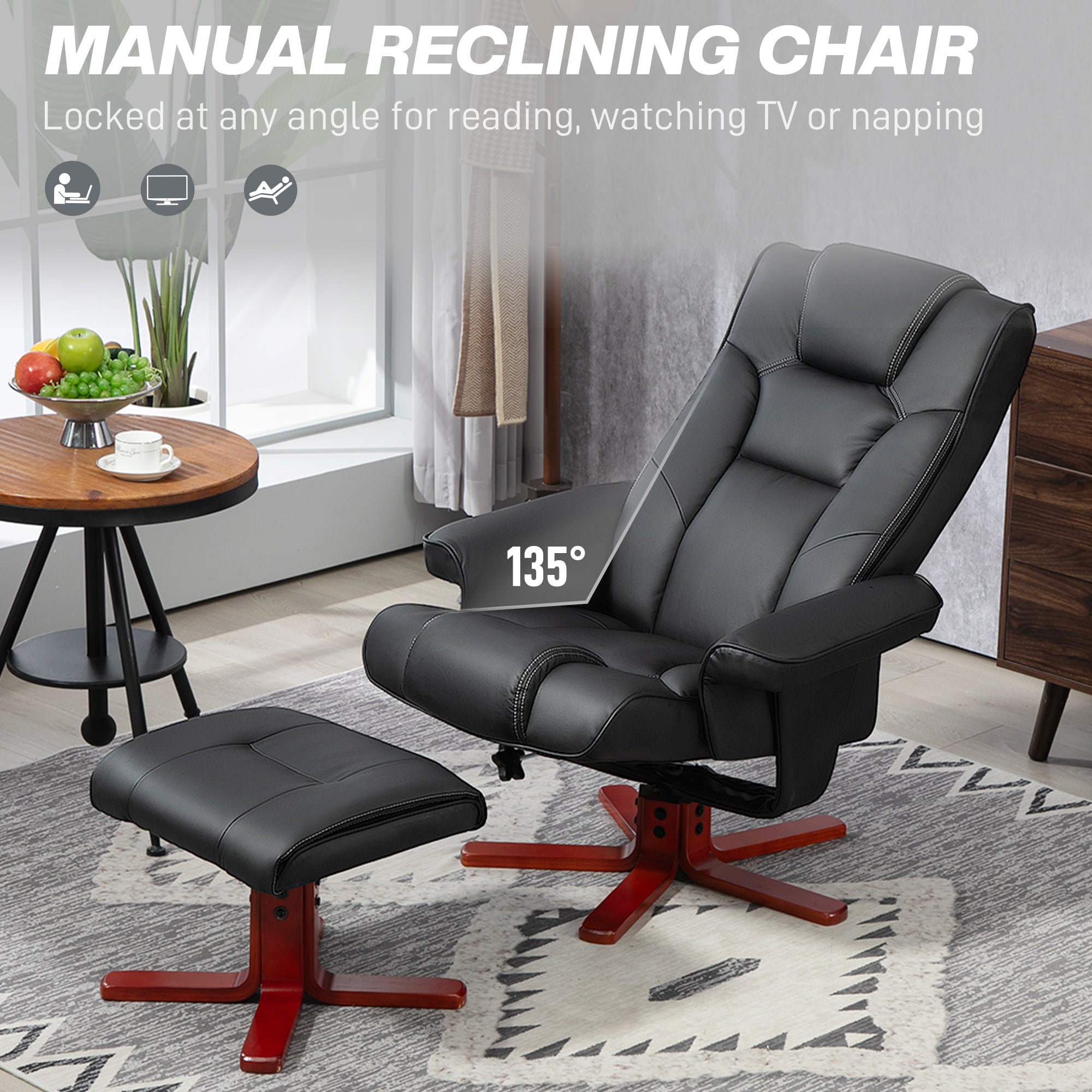 HOMCOM Recliner Chair with Footstool, PU Leather Upholstered Armchair with Adjustable Backrest, Leisure Lounge Chair for Living Room, Bedroom, Black