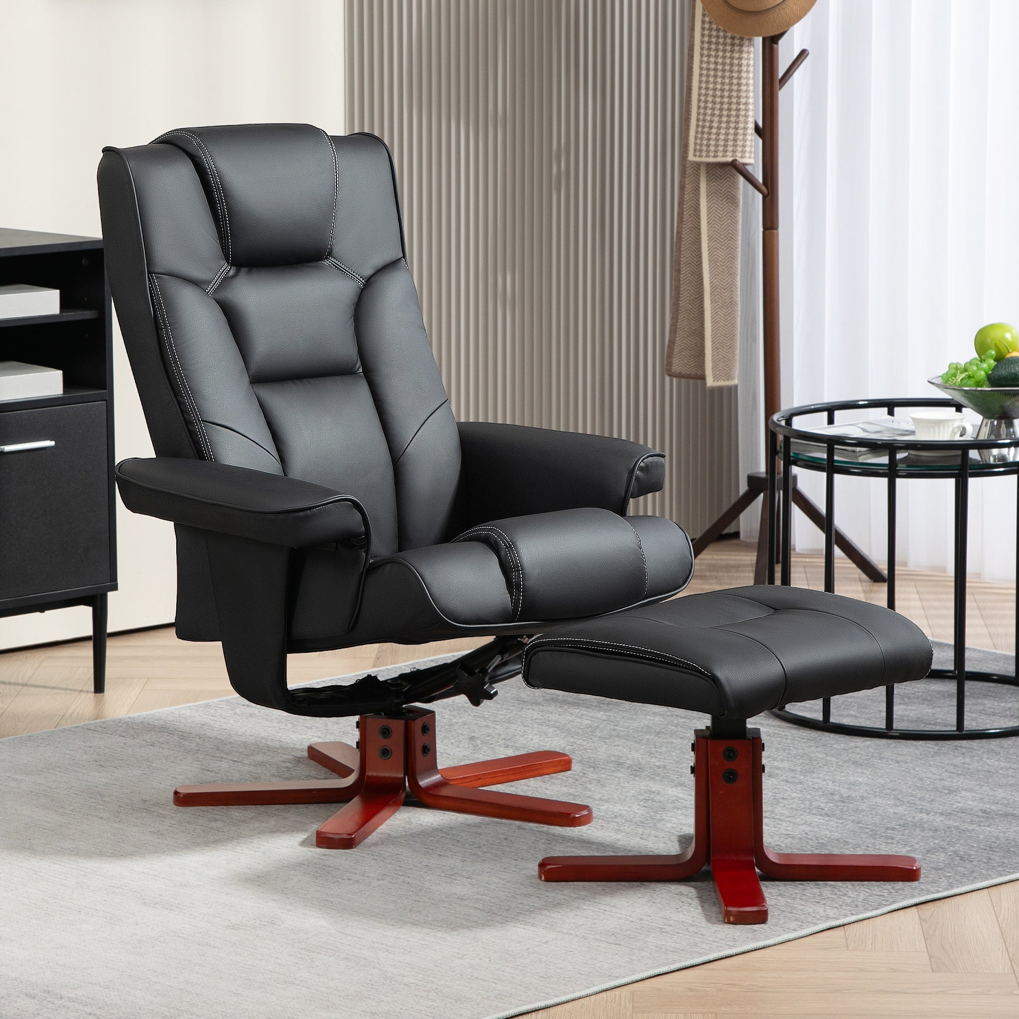 HOMCOM Recliner Chair with Footstool, PU Leather Upholstered Armchair with Adjustable Backrest, Leisure Lounge Chair for Living Room, Bedroom, Black