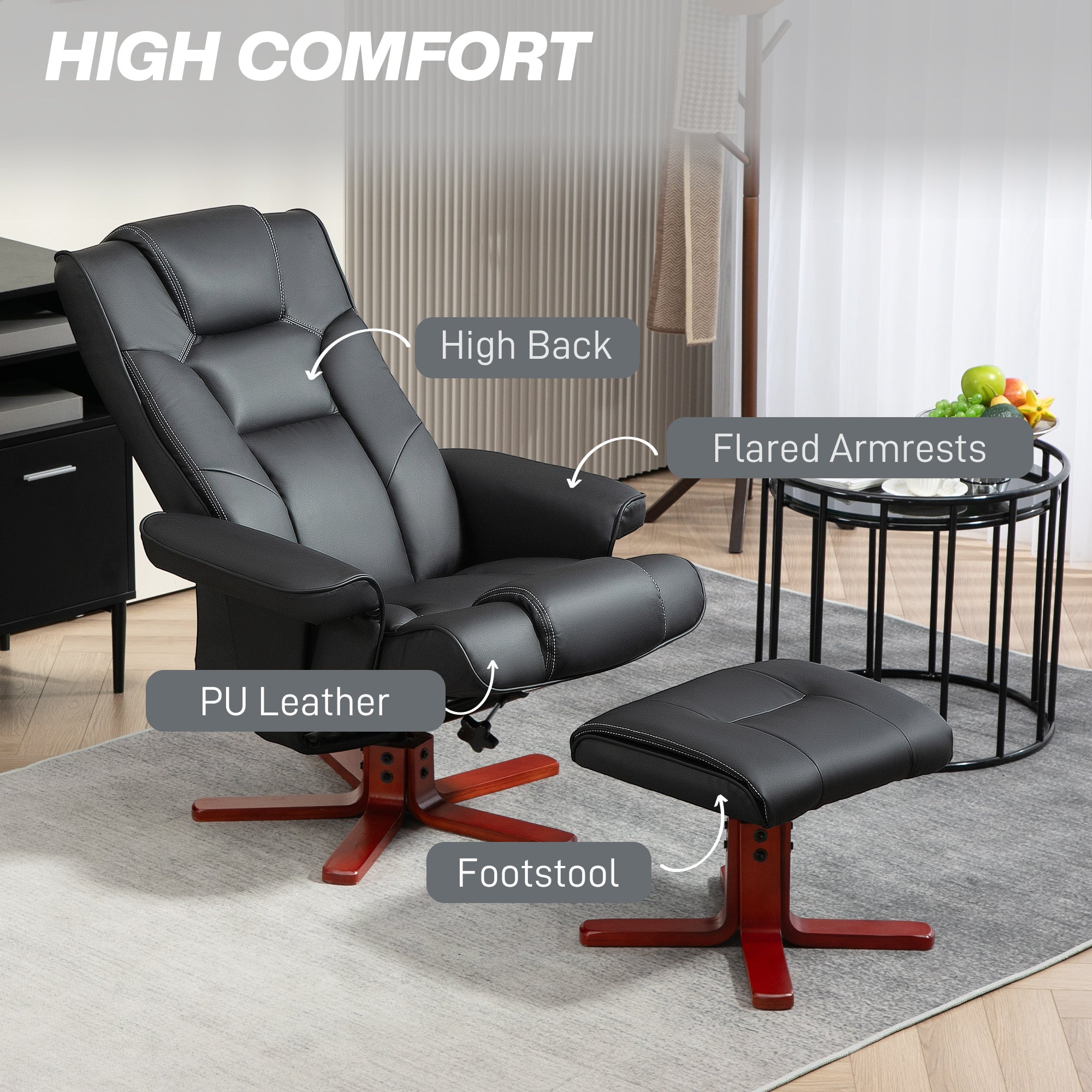 HOMCOM Recliner Chair with Footstool, PU Leather Upholstered Armchair with Adjustable Backrest, Leisure Lounge Chair for Living Room, Bedroom, Black