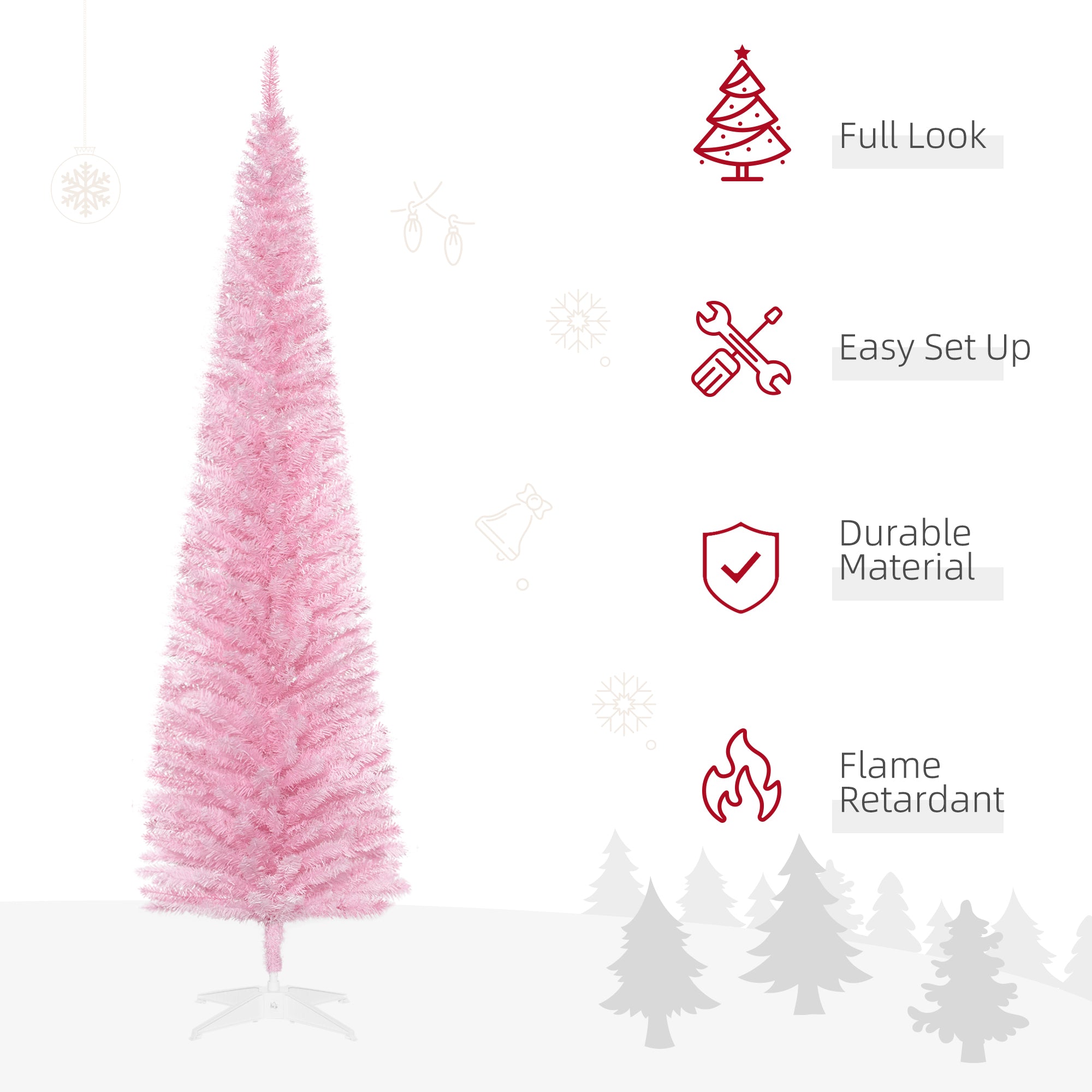 7' Artificial Pencil Christmas Tree Slim Xmas Tree with 499 Realistic Branch Tips and Stand Pink