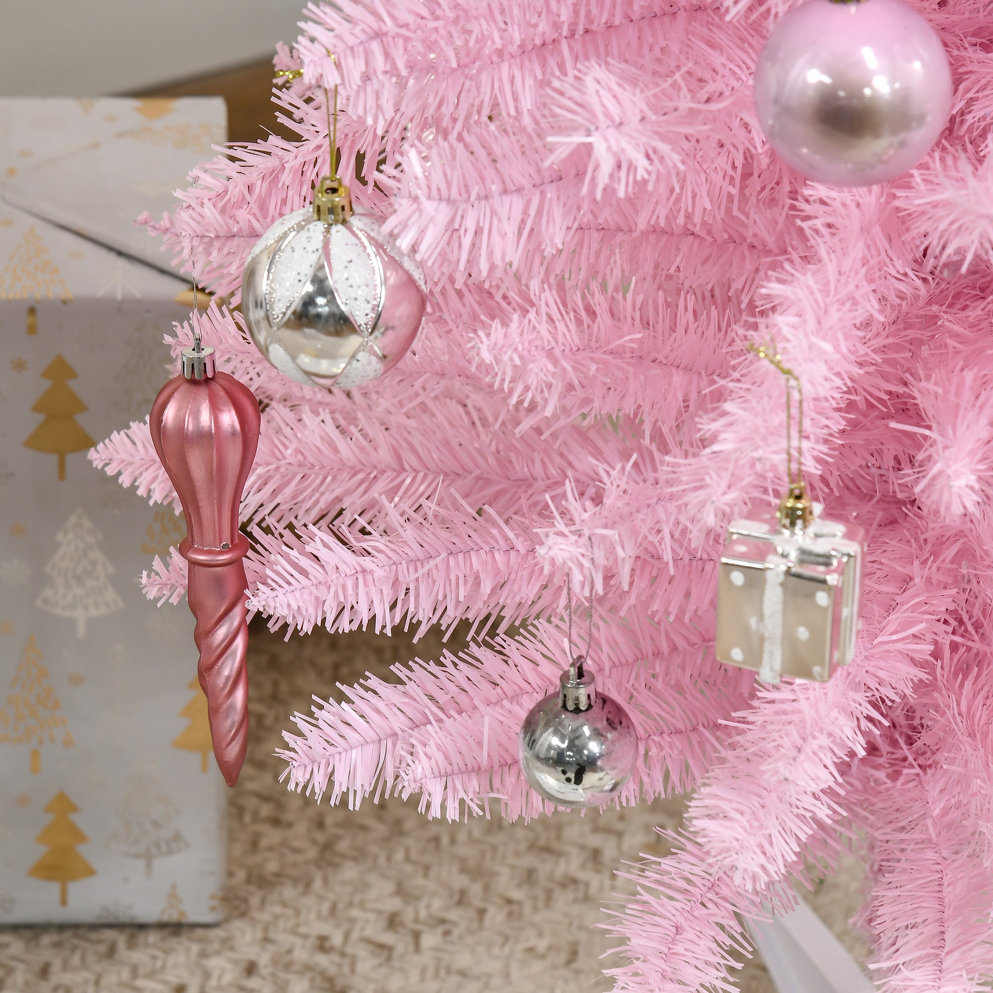 7' Artificial Pencil Christmas Tree Slim Xmas Tree with 499 Realistic Branch Tips and Stand Pink