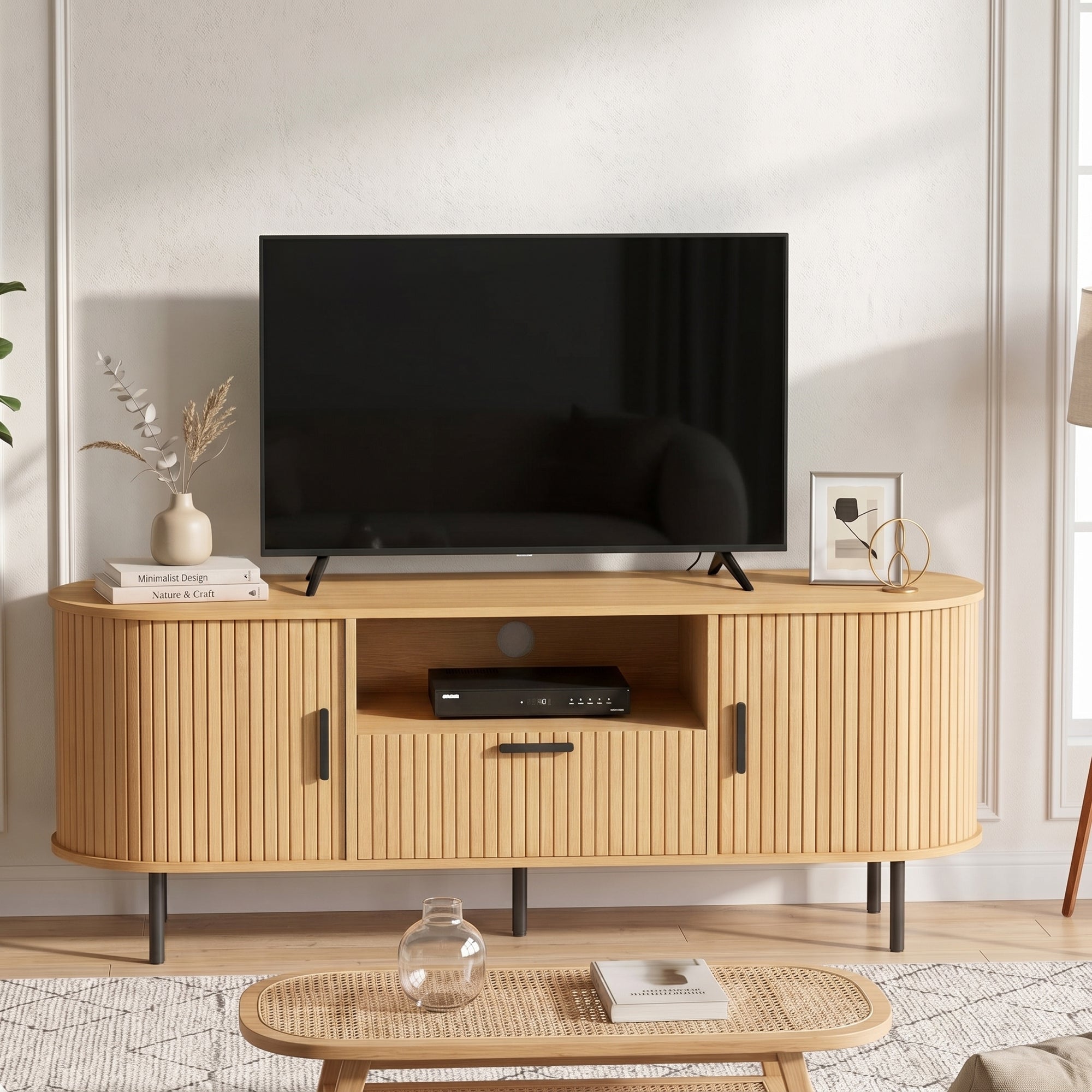 TV Stand for TVs up to 60", Modern Entertainment Center with Curved Sliding Doors, Media Console with Drawer, Cabinet and Shelf, Natural Wood