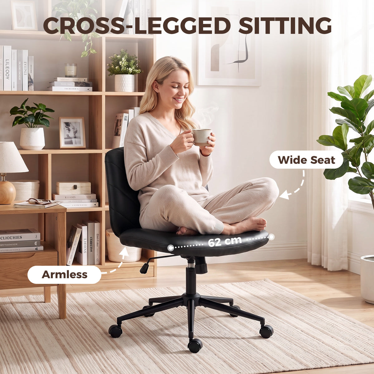 Criss Cross Legged Office Chair with Wide Seat, Swivel Desk Chair with Wheels, Rocking Function, Backrest, Adjustable Height, High-Density Foam, Computer Seat for Home Office, Bedroom, Black