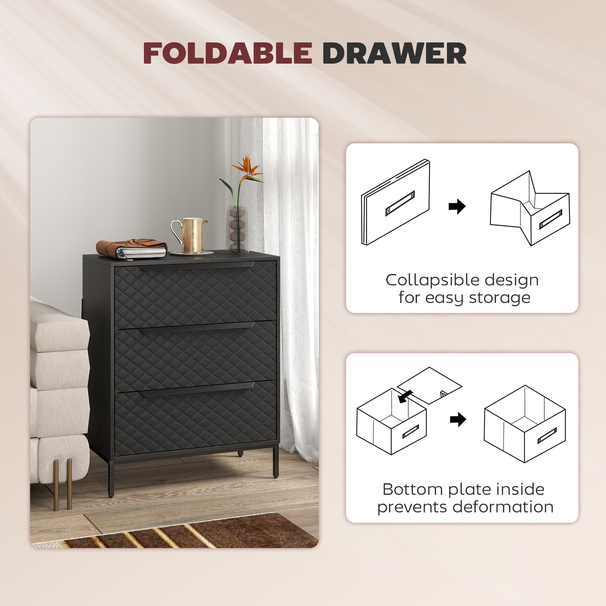 Chest of Drawers, Dresser with 3 Fabric Drawers, Bedroom Storage Unit with Aluminium Handles and Wood-effect Top for Living Room, Hallway, Entryway, Black