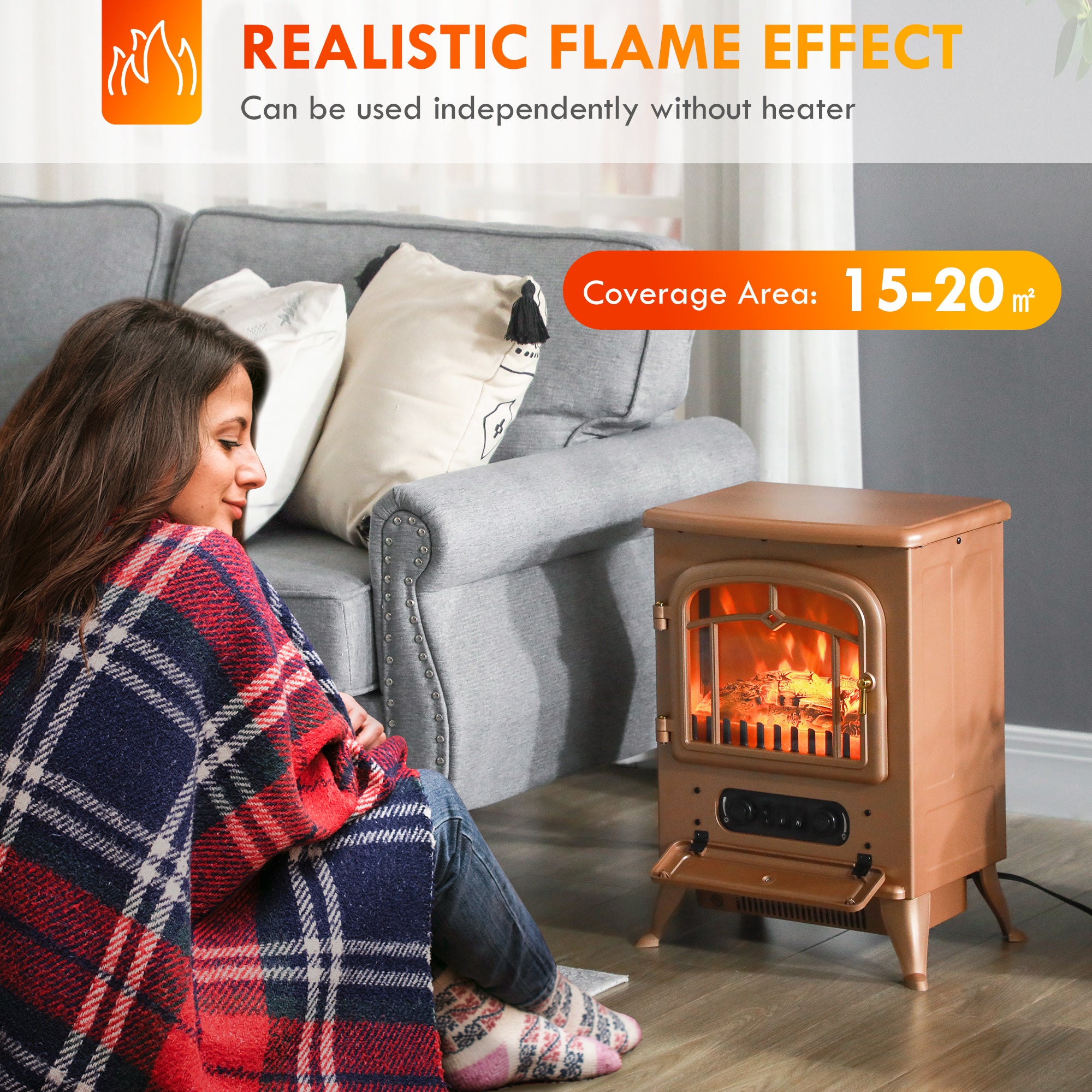 Fireplace Stove Electric Heater with Realistic LED Flames and Logs 750W/1500W Dark Brown