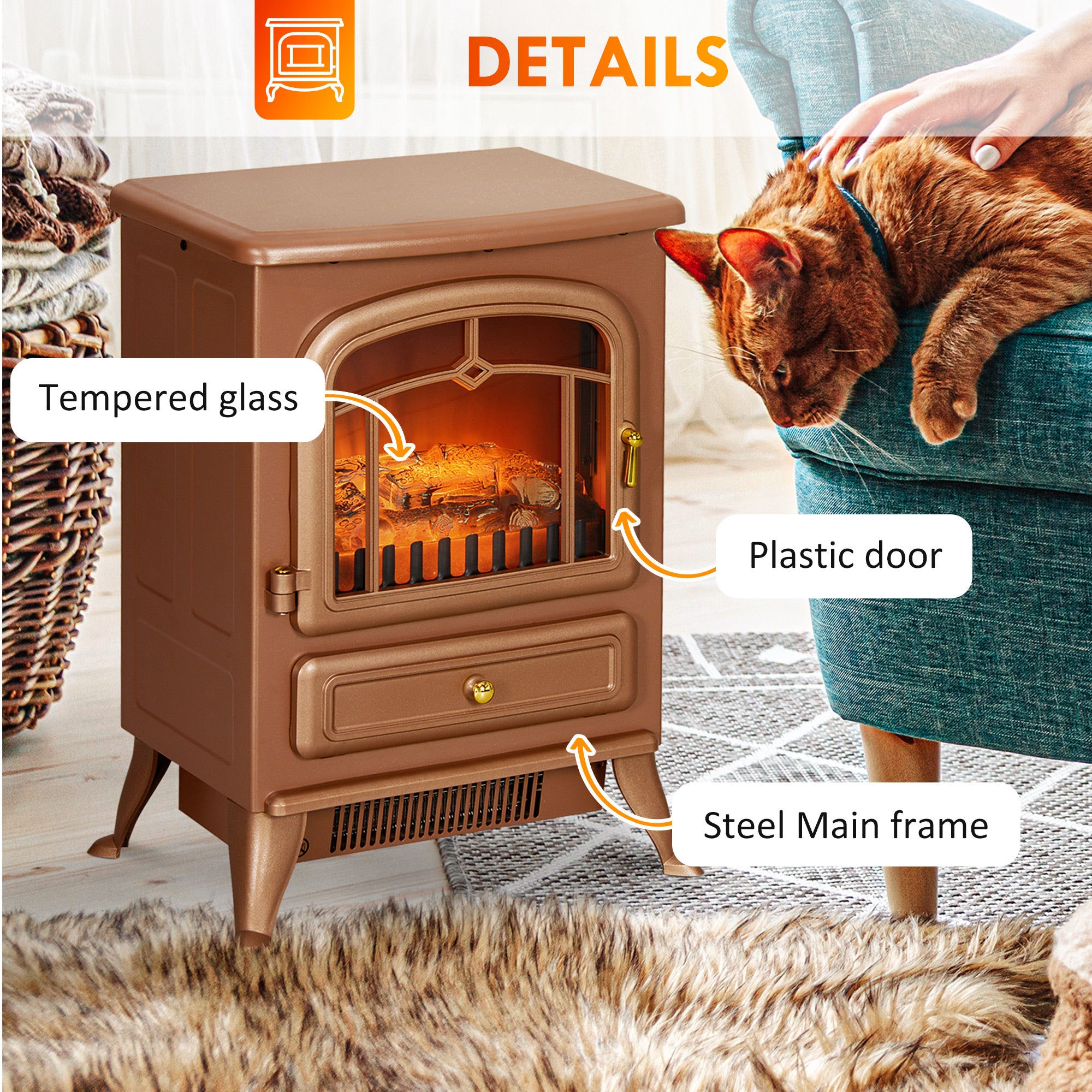 Fireplace Stove Electric Heater with Realistic LED Flames and Logs 750W/1500W Dark Brown