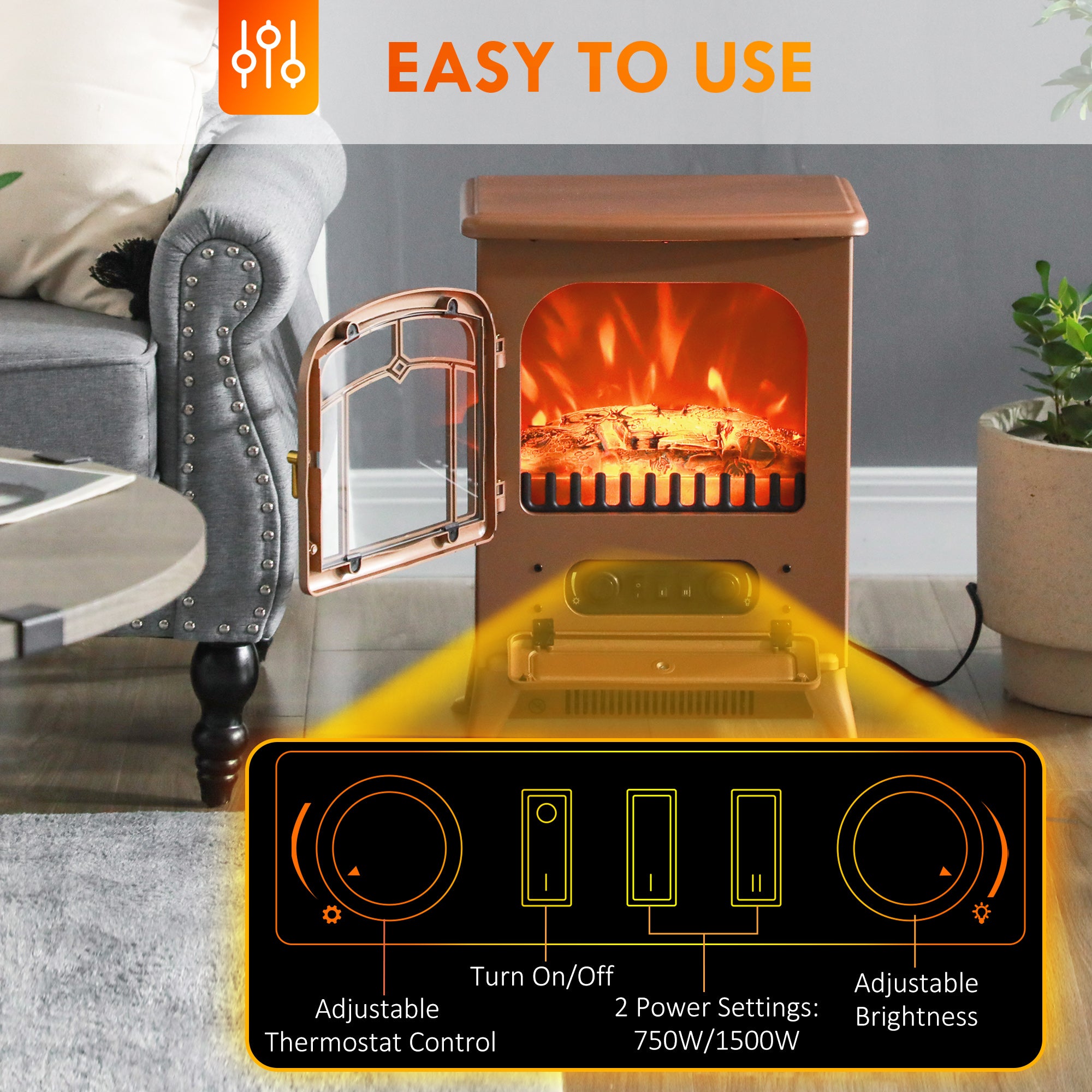 Fireplace Stove Electric Heater with Realistic LED Flames and Logs 750W/1500W Dark Brown