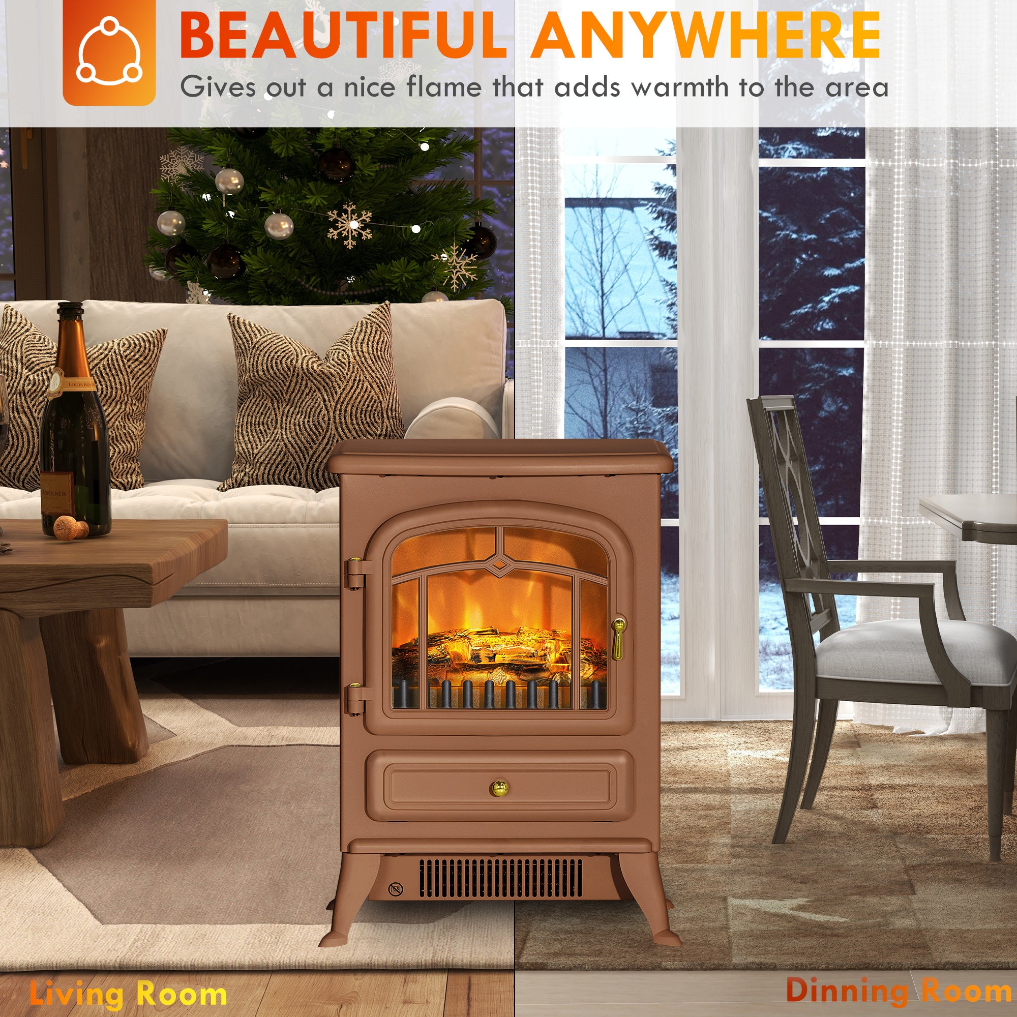 Fireplace Stove Electric Heater with Realistic LED Flames and Logs 750W/1500W Dark Brown