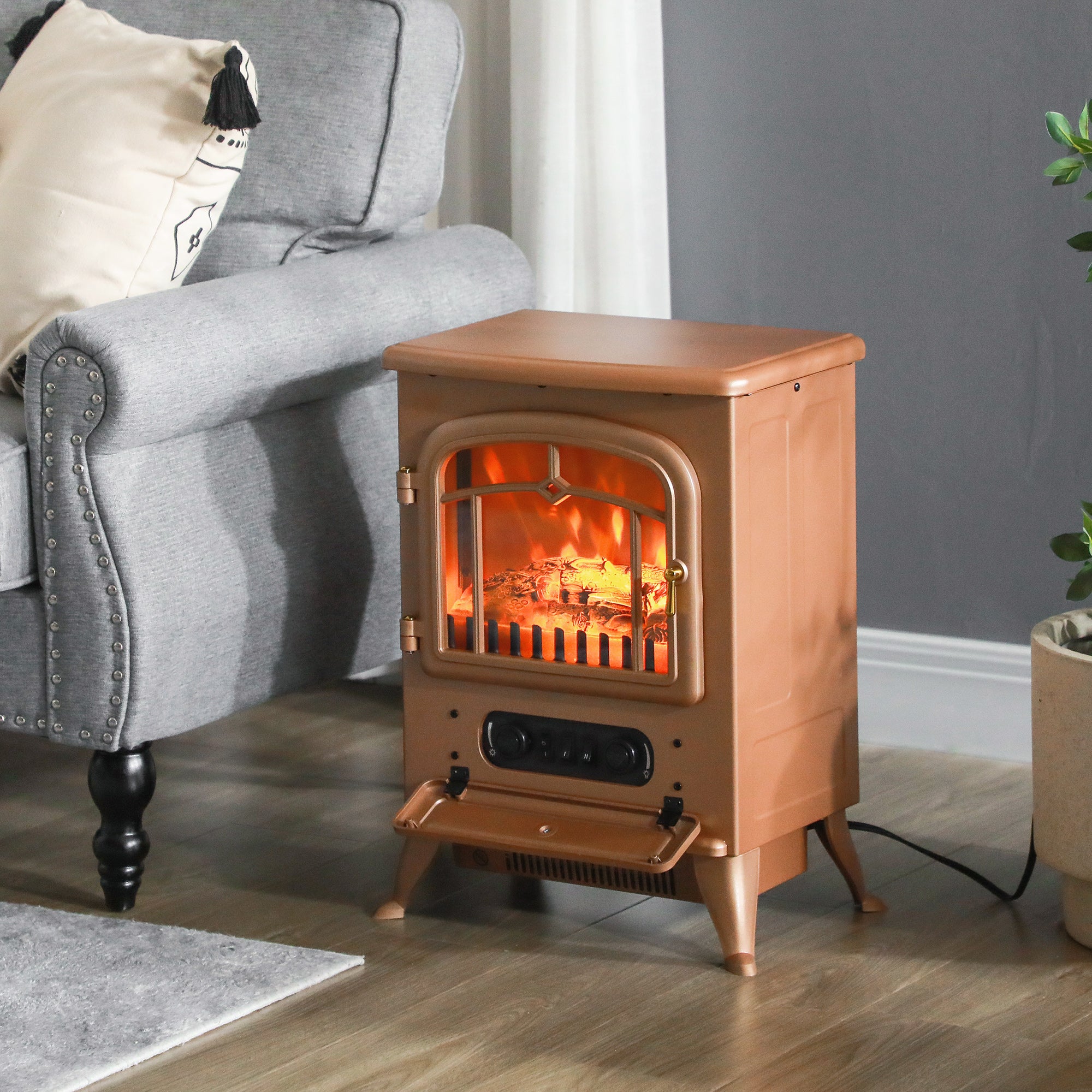 Fireplace Stove Electric Heater with Realistic LED Flames and Logs 750W/1500W Dark Brown