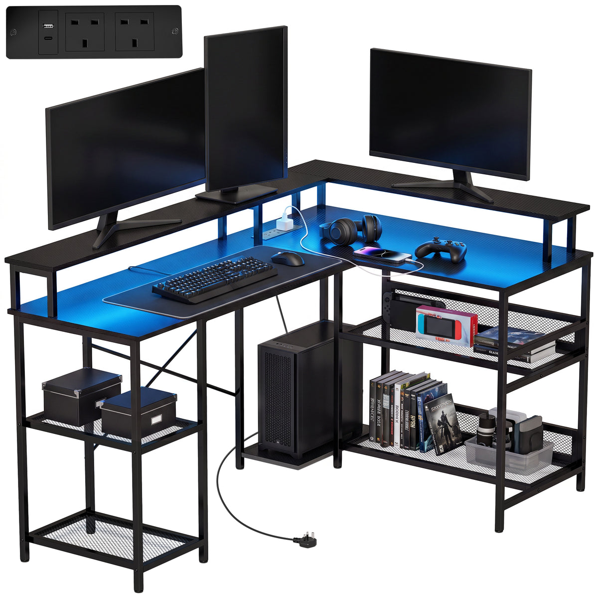 L Shaped Gaming Desk with LED Lights and Power Outlets, 150cm Corner Computer Desk with Monitor Stand and Storage Shelves, Home Office Desk for Small Space, Black Gaming Texture