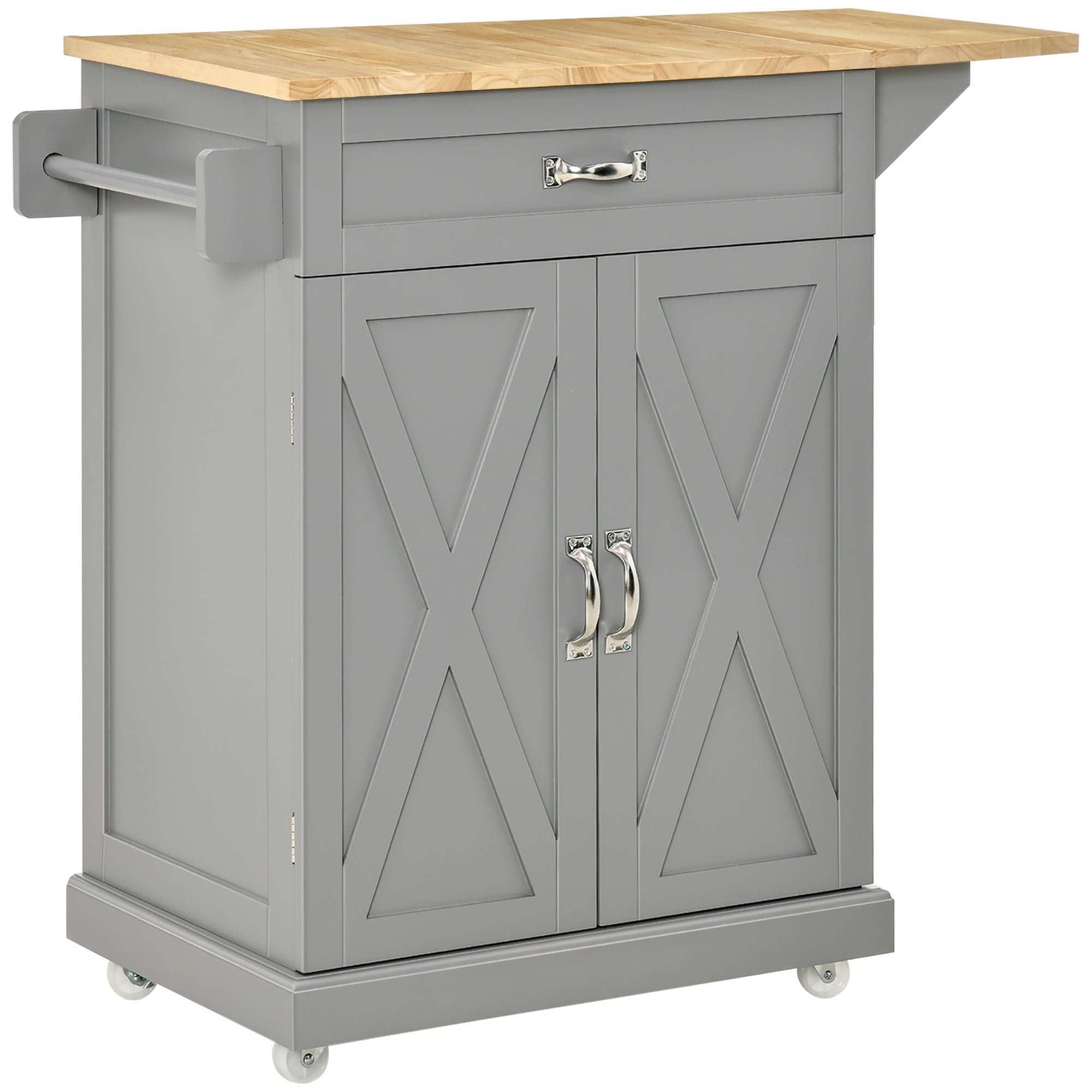 HOMCOM Foldable Kitchen Island with Storage Drawer, Farmhouse Style Rolling Utility Cart, Coffee Bar Cabinet on Wheels with Drop-Leaf Wood Top (Grey)