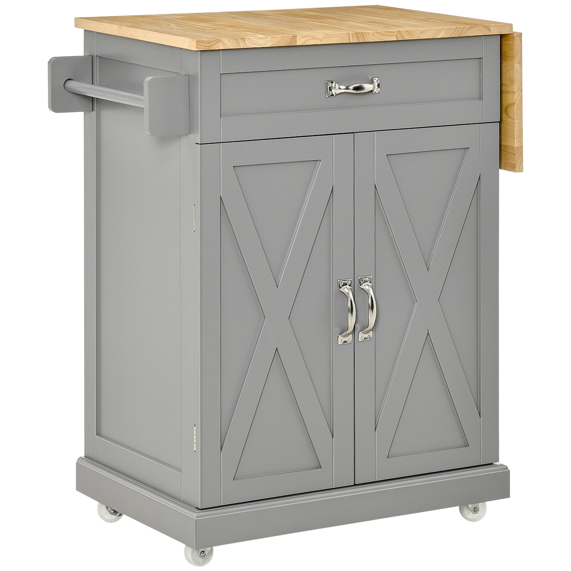 HOMCOM Foldable Kitchen Island with Storage Drawer, Farmhouse Style Rolling Utility Cart, Coffee Bar Cabinet on Wheels with Drop-Leaf Wood Top (Grey)