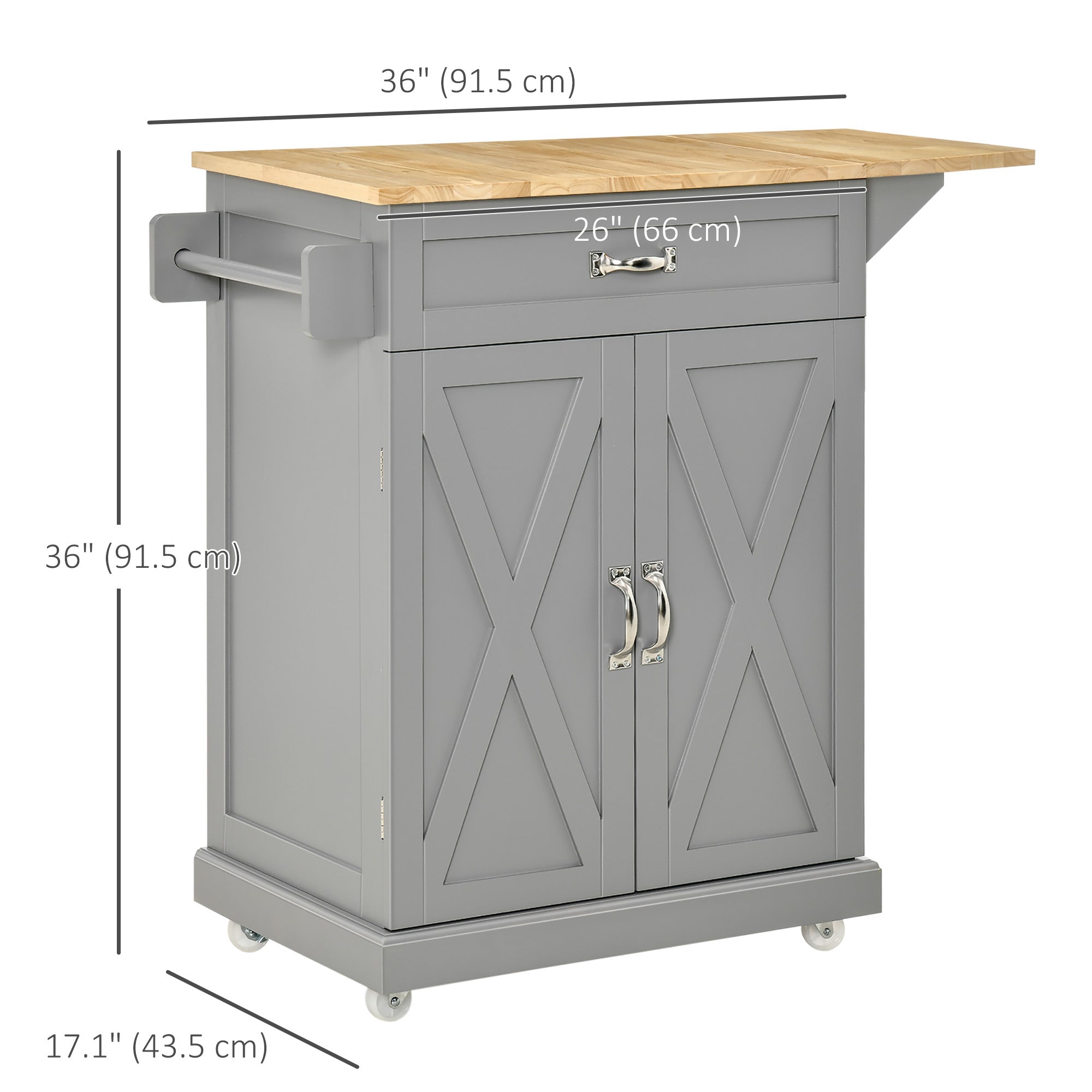 HOMCOM Foldable Kitchen Island with Storage Drawer, Farmhouse Style Rolling Utility Cart, Coffee Bar Cabinet on Wheels with Drop-Leaf Wood Top (Grey)