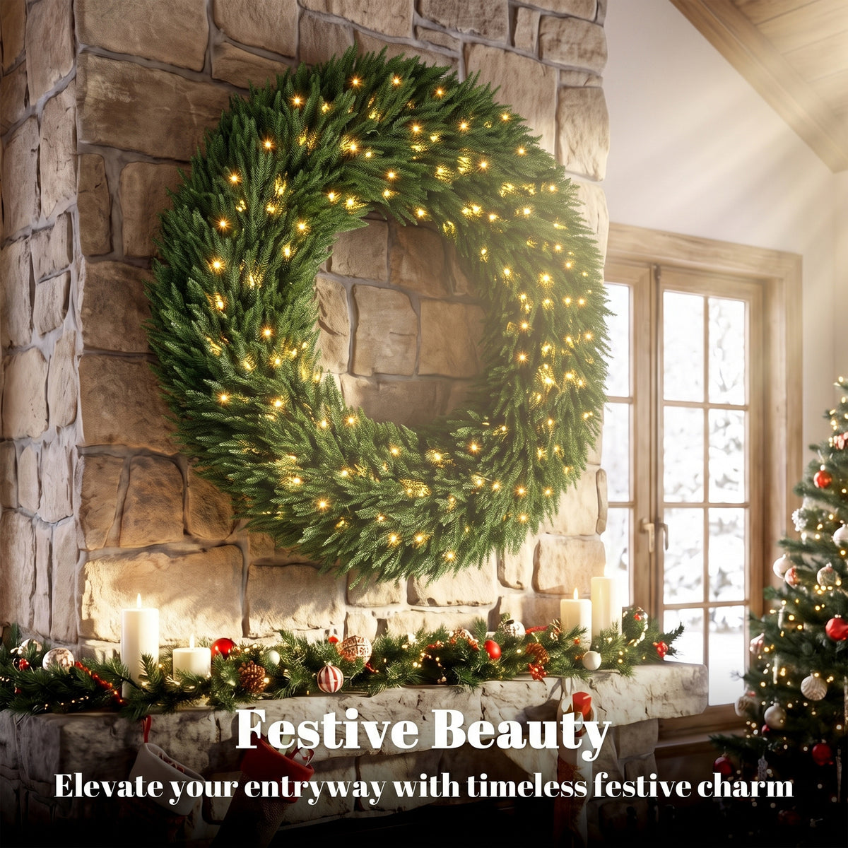 48 in Pre-Lit Norfolk Pine Artificial Christmas Wreath, Christmas Decoration with 150 LED Lights, 770 Branch Tips, All-PE Leaves for Door, Indoor Covered Outdoor, Green