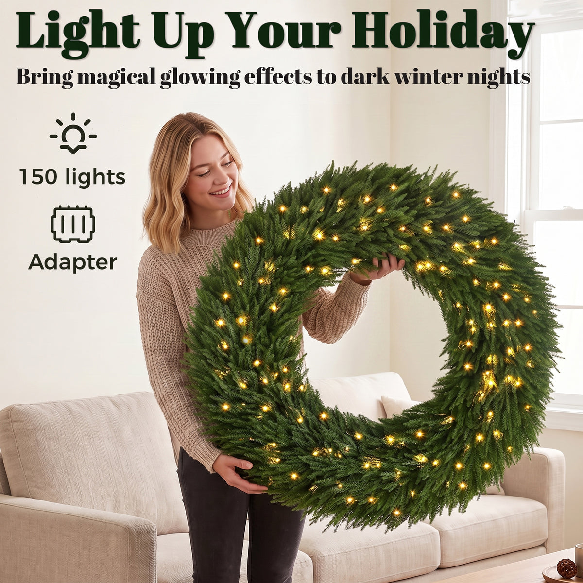 48 in Pre-Lit Norfolk Pine Artificial Christmas Wreath, Christmas Decoration with 150 LED Lights, 770 Branch Tips, All-PE Leaves for Door, Indoor Covered Outdoor, Green