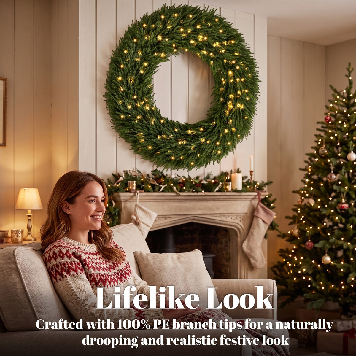 48 in Pre-Lit Norfolk Pine Artificial Christmas Wreath, Christmas Decoration with 150 LED Lights, 770 Branch Tips, All-PE Leaves for Door, Indoor Covered Outdoor, Green