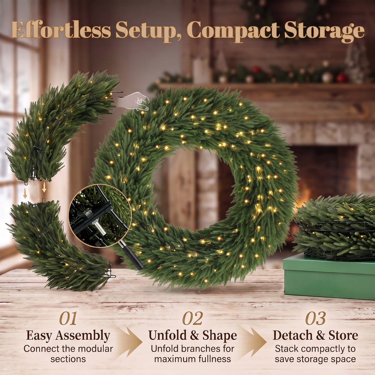 48 in Pre-Lit Norfolk Pine Artificial Christmas Wreath, Christmas Decoration with 150 LED Lights, 770 Branch Tips, All-PE Leaves for Door, Indoor Covered Outdoor, Green