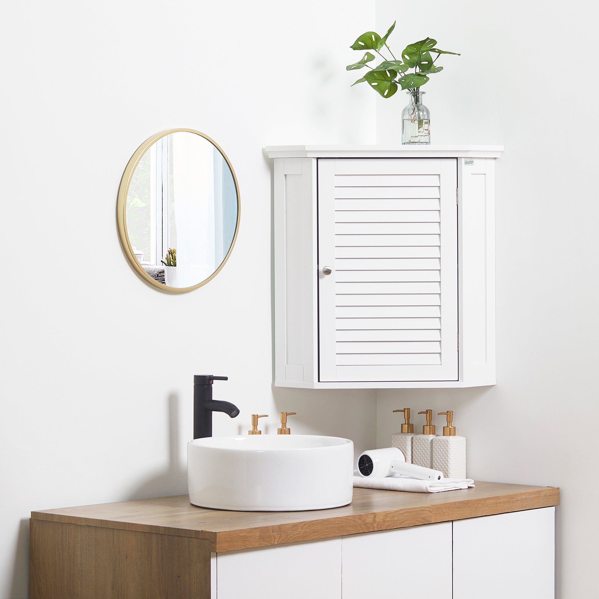 kleankin Corner Wall Cabinet, Medicine Cabinet, Over the Toilet Storage Cabinet with Shutter Door and Adjustable Shelf for Bathroom, Space Saving, White