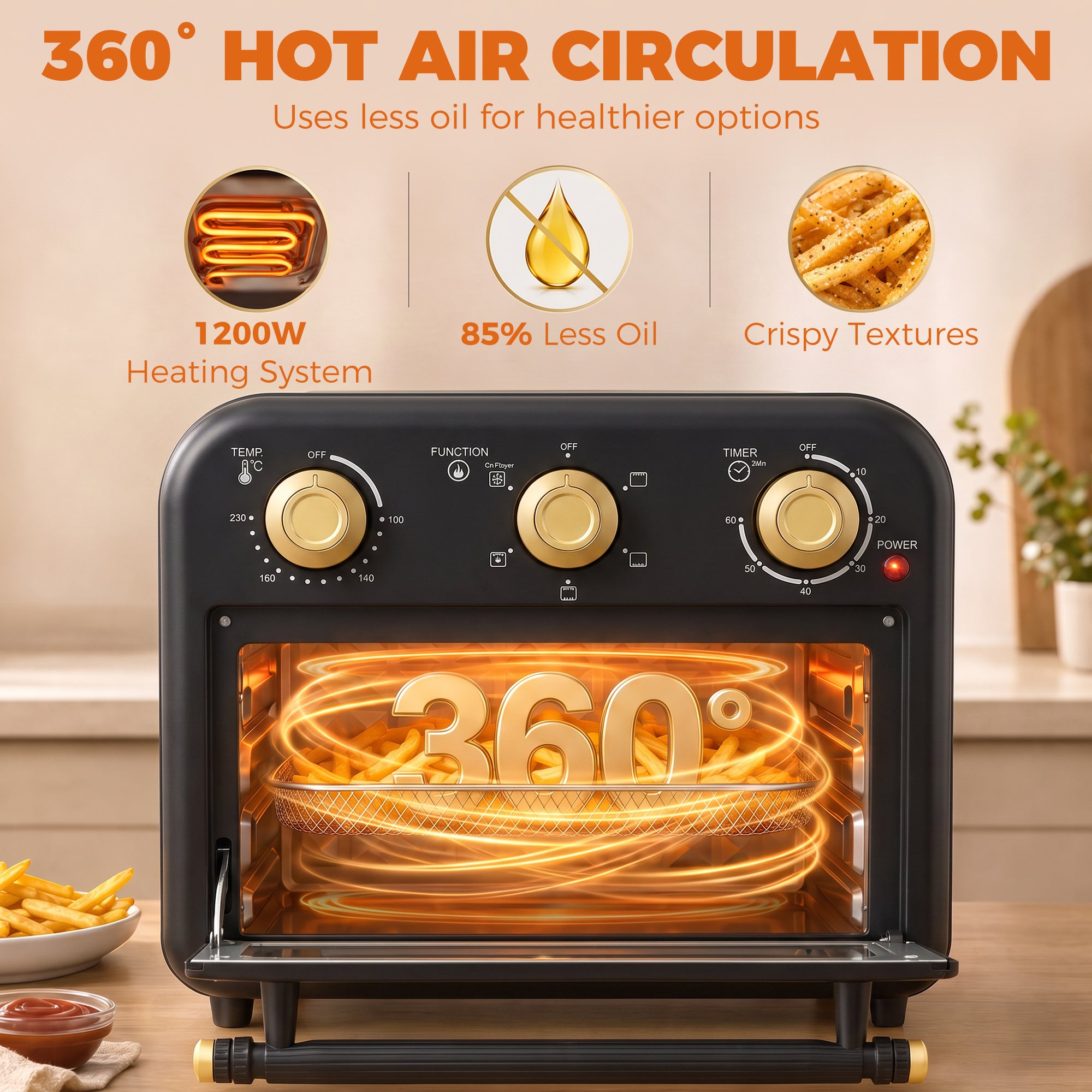 Air Fryer Toaster Oven, 12 L Small Convection Countertop Oven with Knob Controls, Baking Tray and Fry Basket, Adjustable Temperature, Timer, Dishwasher Safe, 1200W, Steel, Black