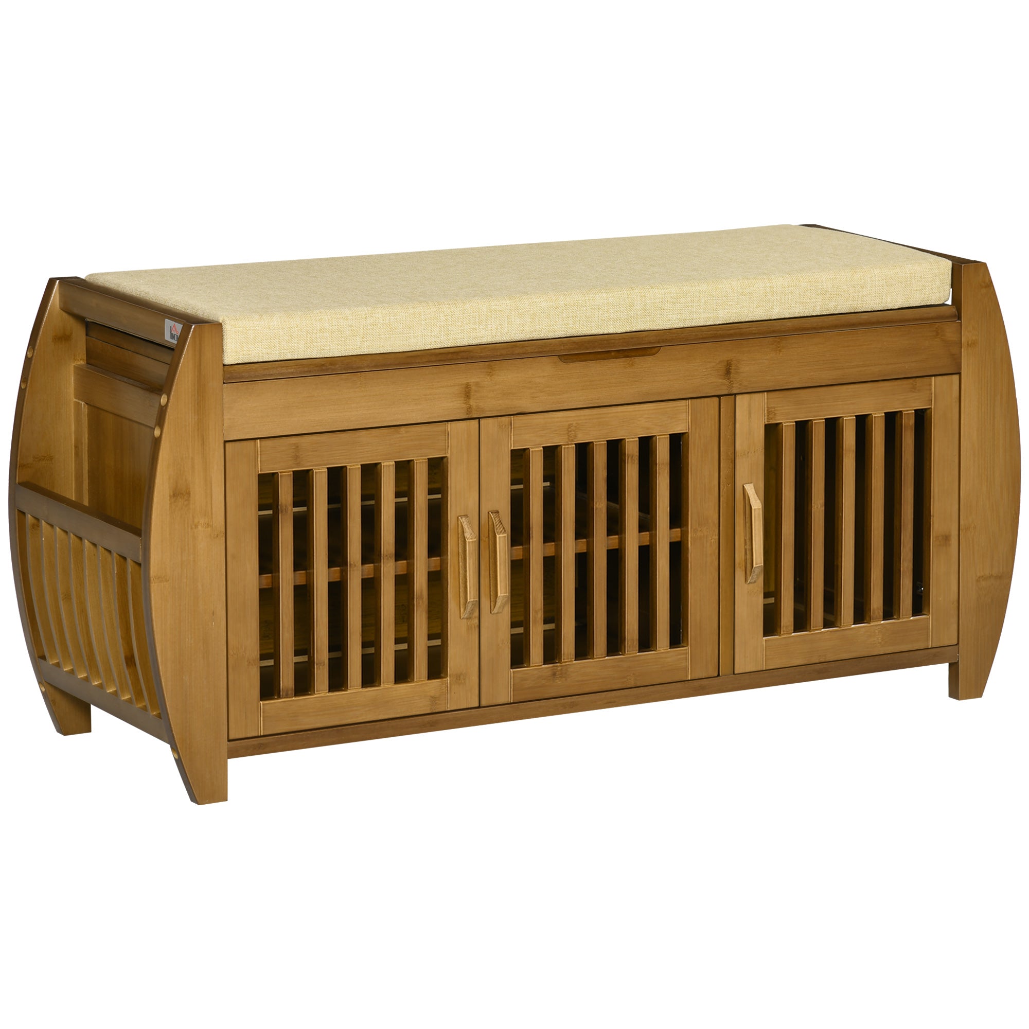 Shoe Bench with Storage Cabinets Bamboo Entryway Bench with Cushion 3 Doors and Hidden Compartment Brown